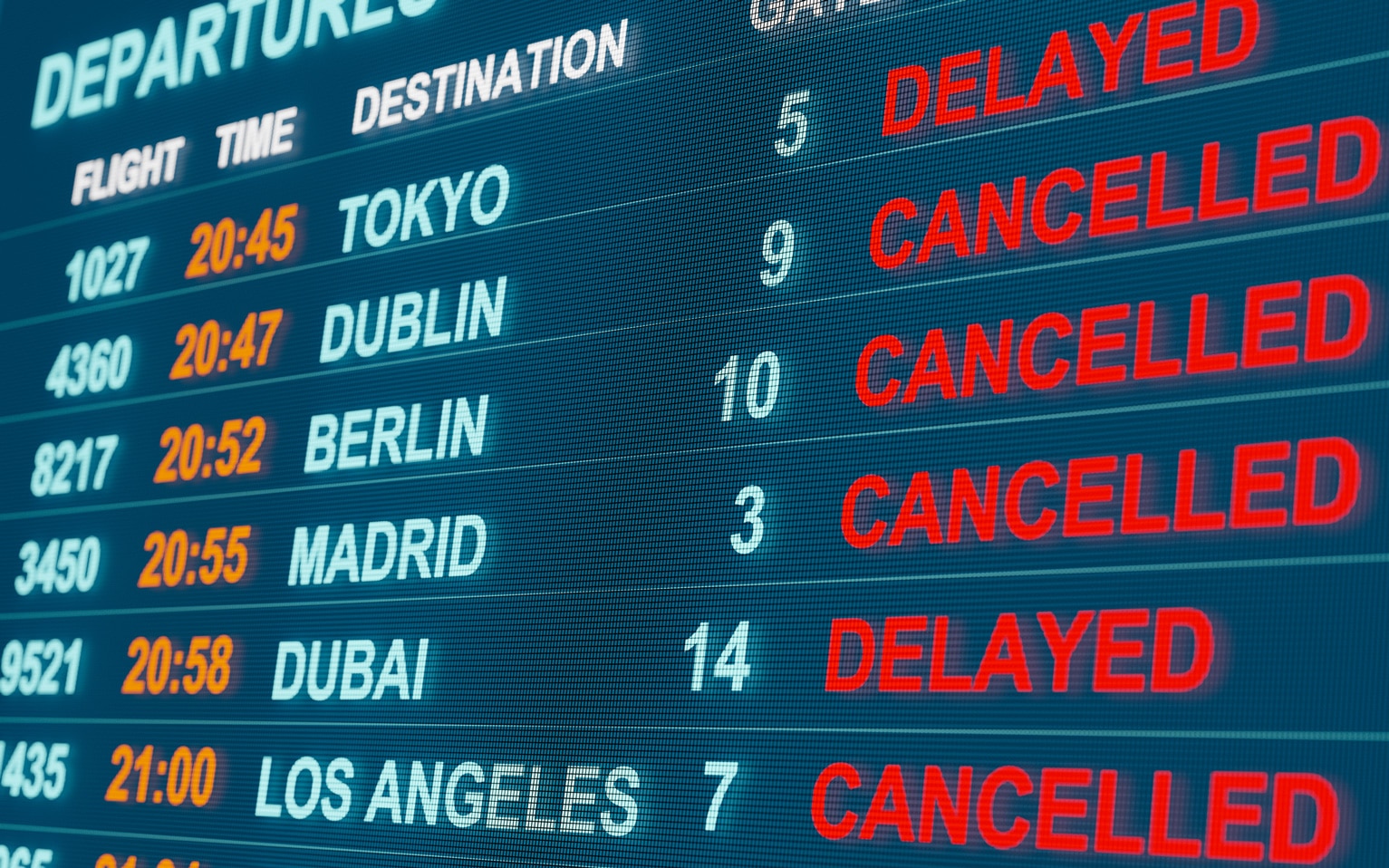 Airport departures board shows delays, highlighting the need for Disruption Management Systems.