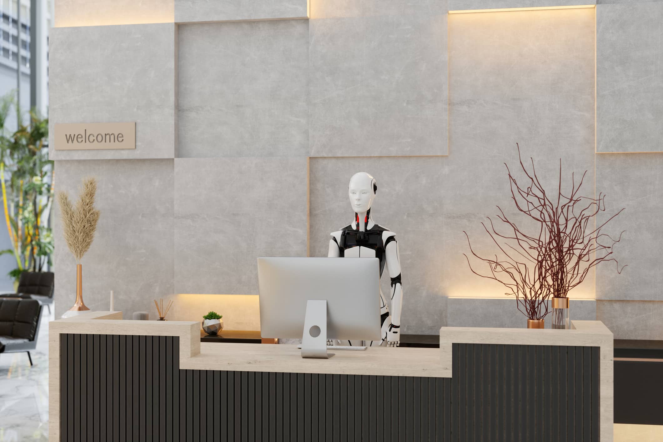 A humanoid robot at a desk showcases Robotic Process Automation (RPA) for back-office efficiency.
