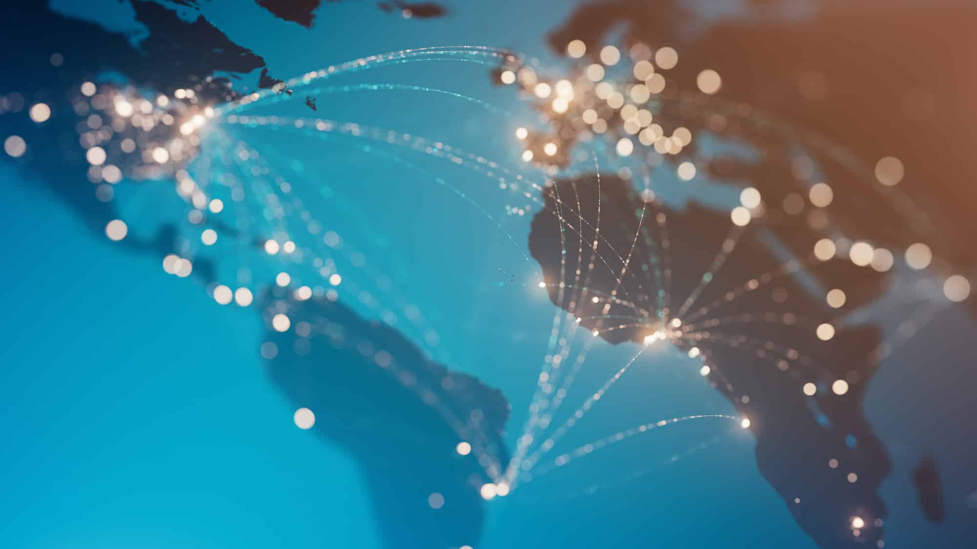 A world map with glowing lines illustrates global aviation network strategy consulting.