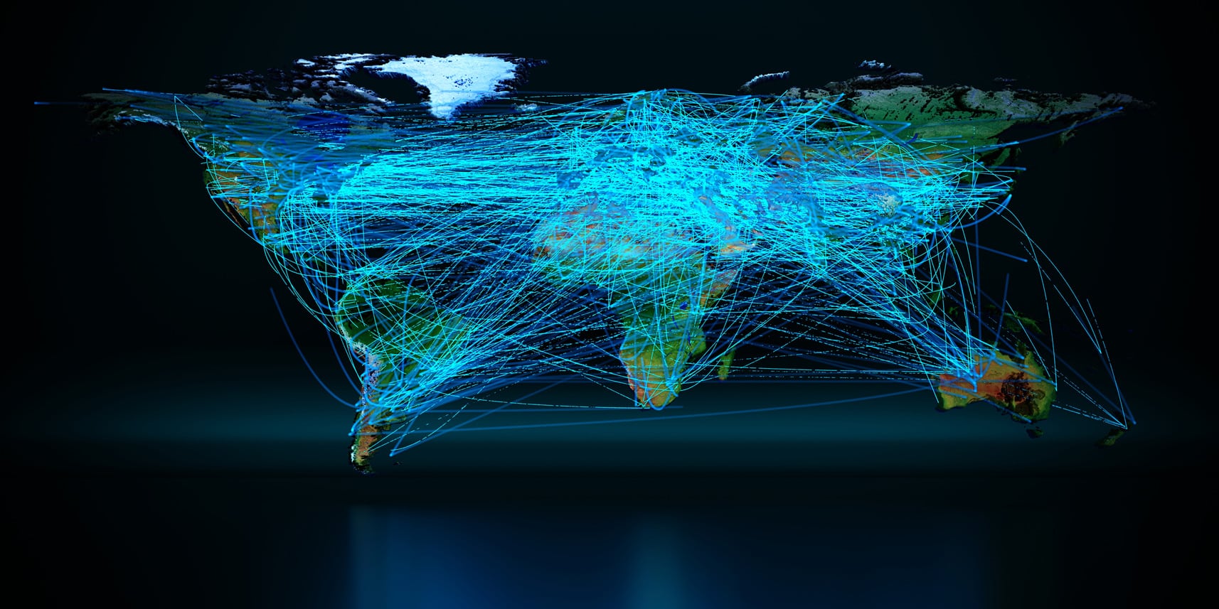 A world map with glowing blue flight paths showing route profitability and cost optimization.