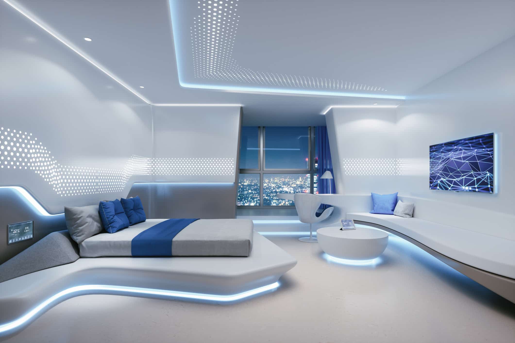 Futuristic smart hotel room with IoT automation, sleek white furniture, and city view window.