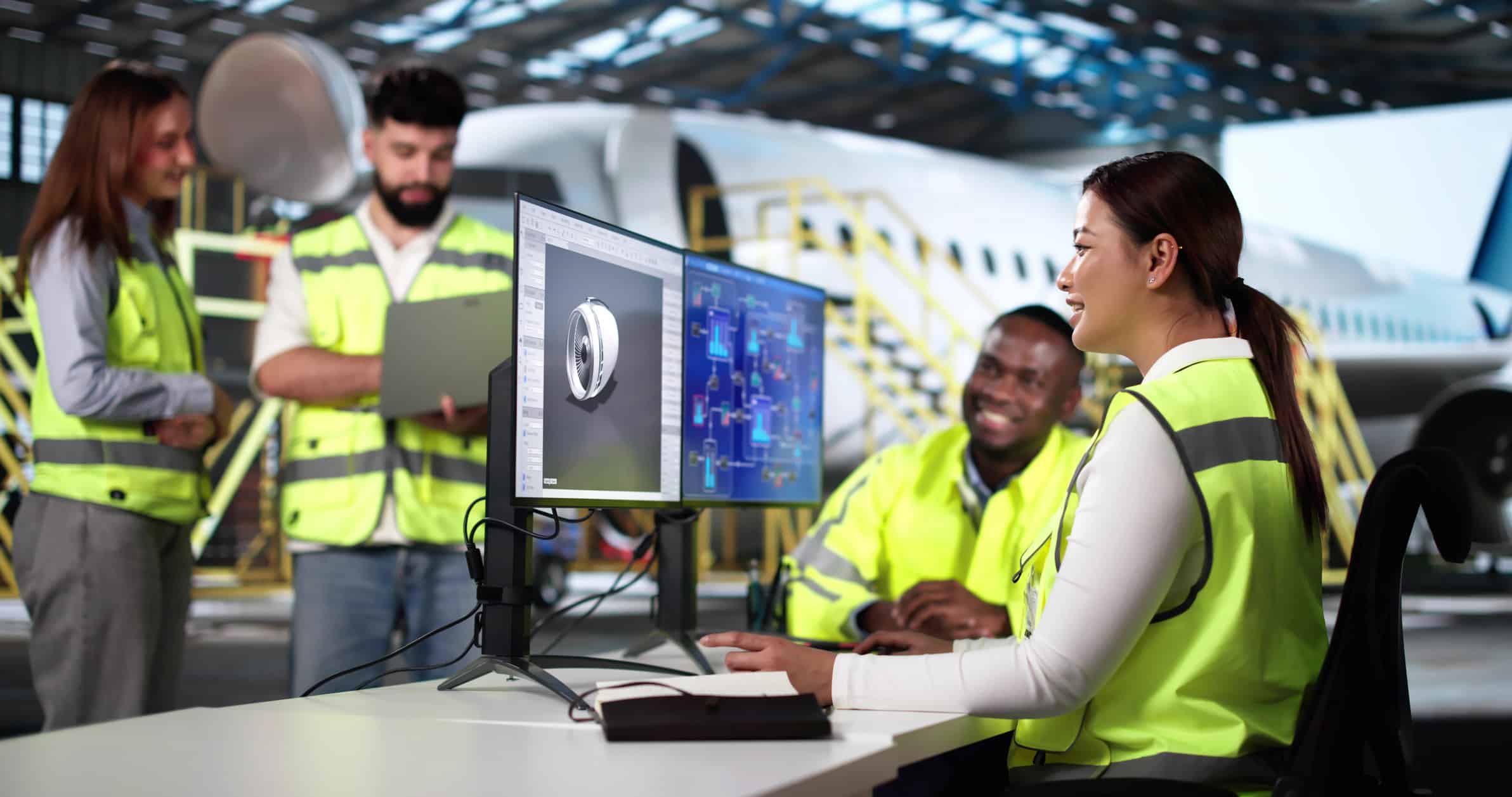 Woman reviews aircraft part on computer, optimizing MRO efficiency for airline operations.