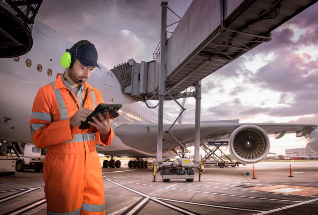 Airport worker in orange overalls uses a tablet, showcasing aviation IT transformation consulting.