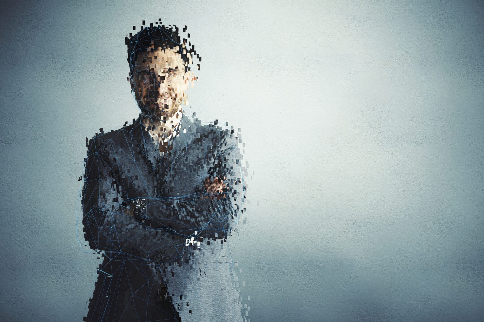 A businessman in a suit dissolving into digital pixels, symbolizing corporate payment fraud.