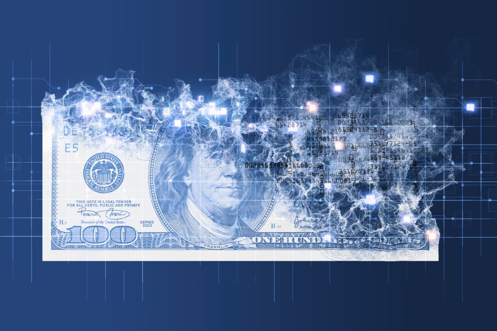 A $100 bill transforming into digital data with glowing connections on a blue background.