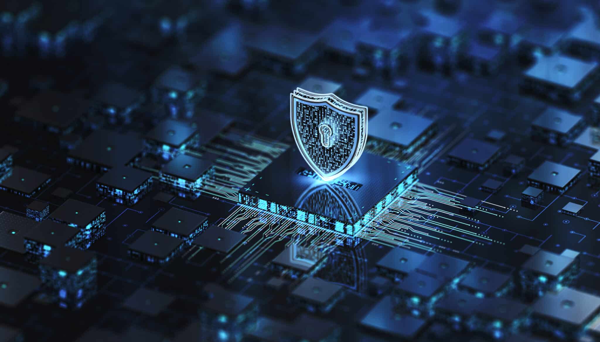 A glowing digital shield with a keyhole on a computer chip symbolizes cybersecurity.