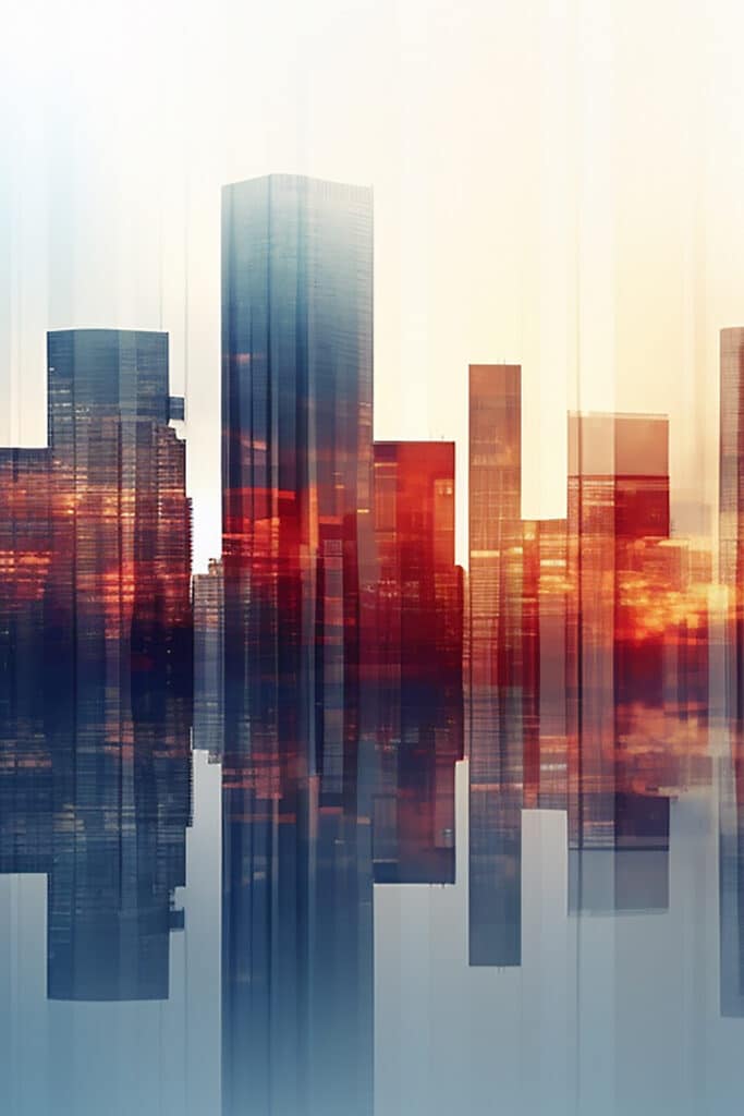 Abstract city skyline with tall buildings, warm sunlight, and reflections on glassy surface.
