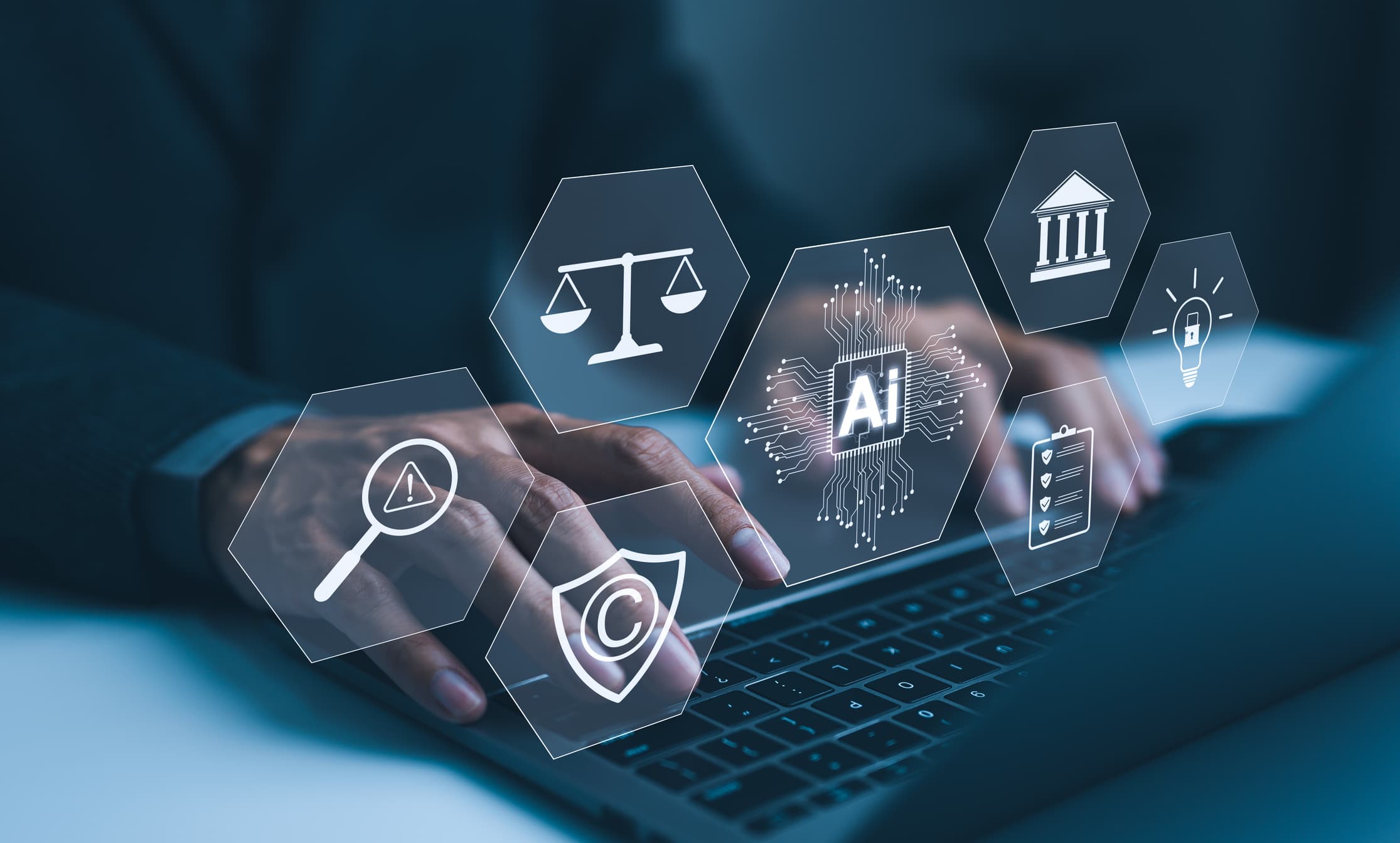 AI Laws and Regulations Concept. Hand typing on laptop with digital icons.