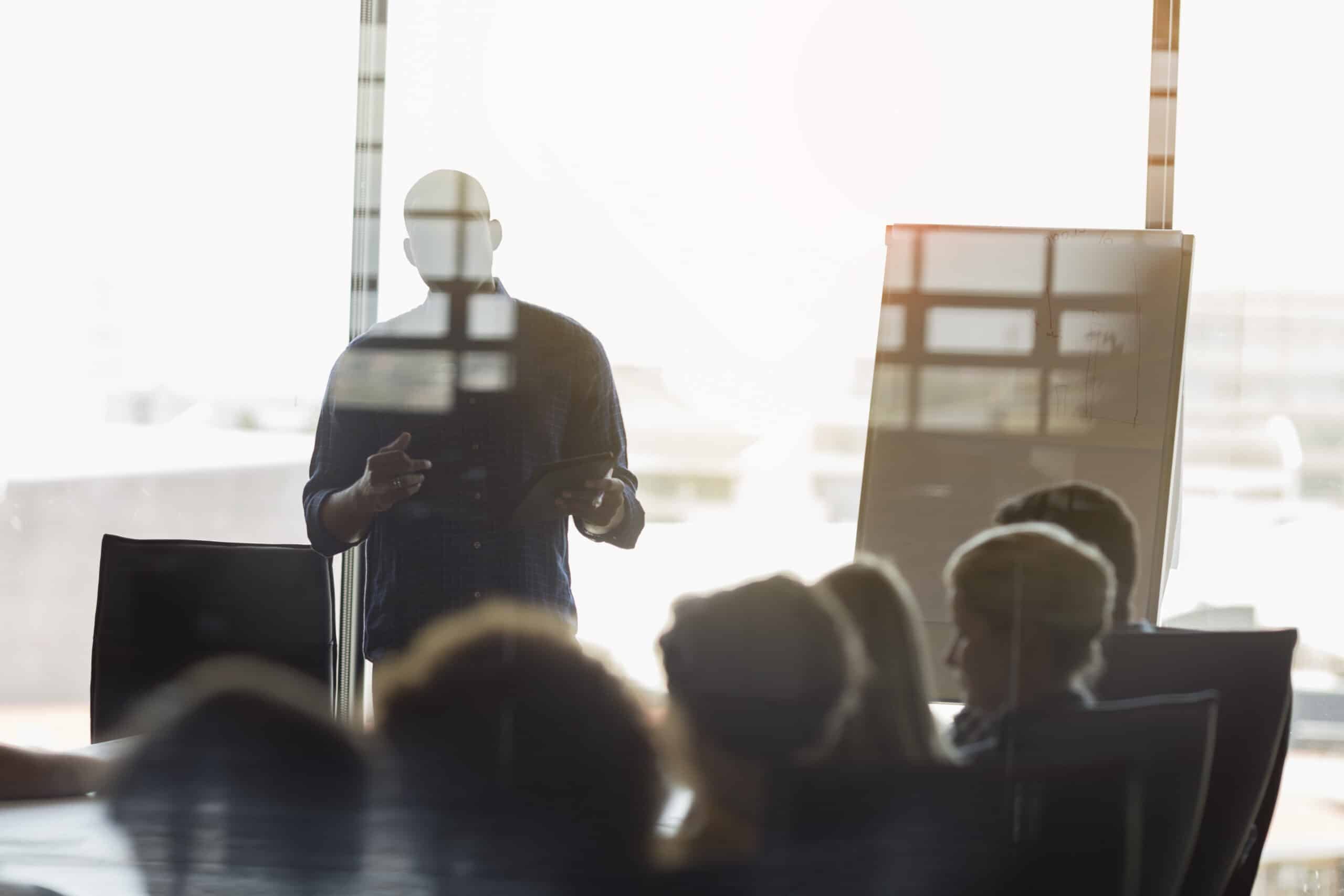 Person giving a presentation on data quality services consulting in a conference room with a whiteboard.