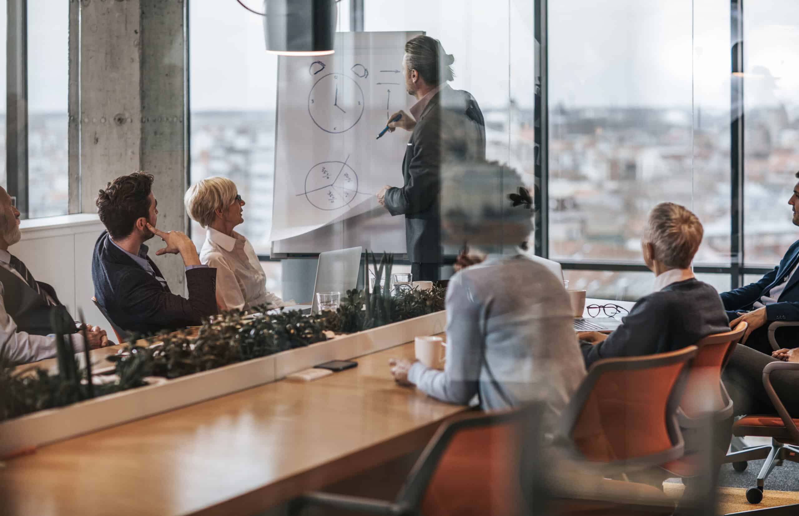 Group of people in a meeting room as IoT consultants present diagrams on a flip chart.