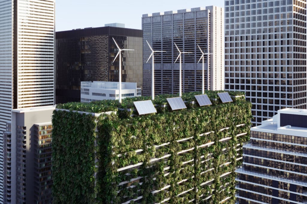 Green rooftop with solar panels representing commercial real estate sustainability consulting