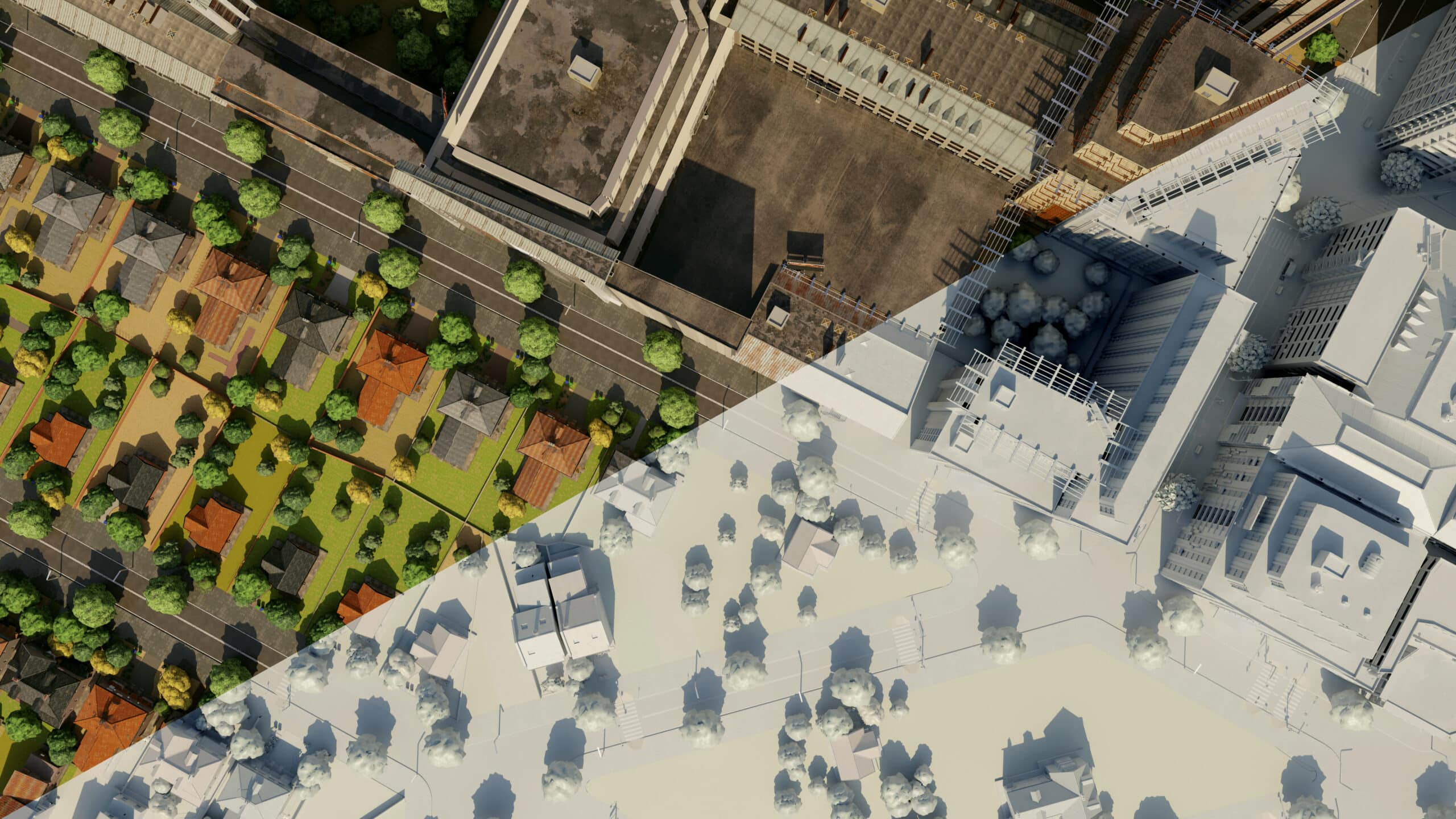 Split-view of a cityscape with Digital Twin Consulting Technology