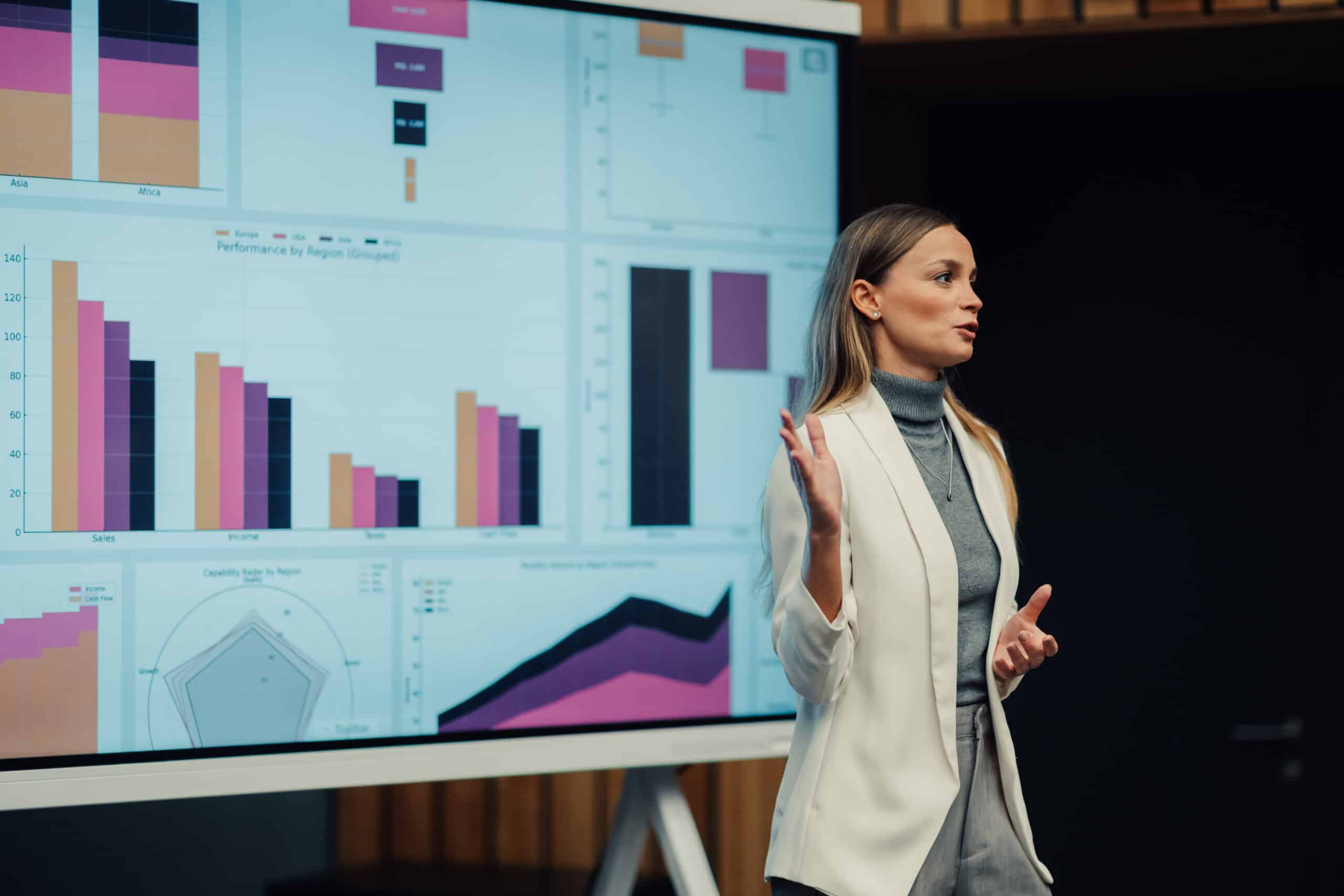 Businesswoman giving a presentation about data analysis and charts