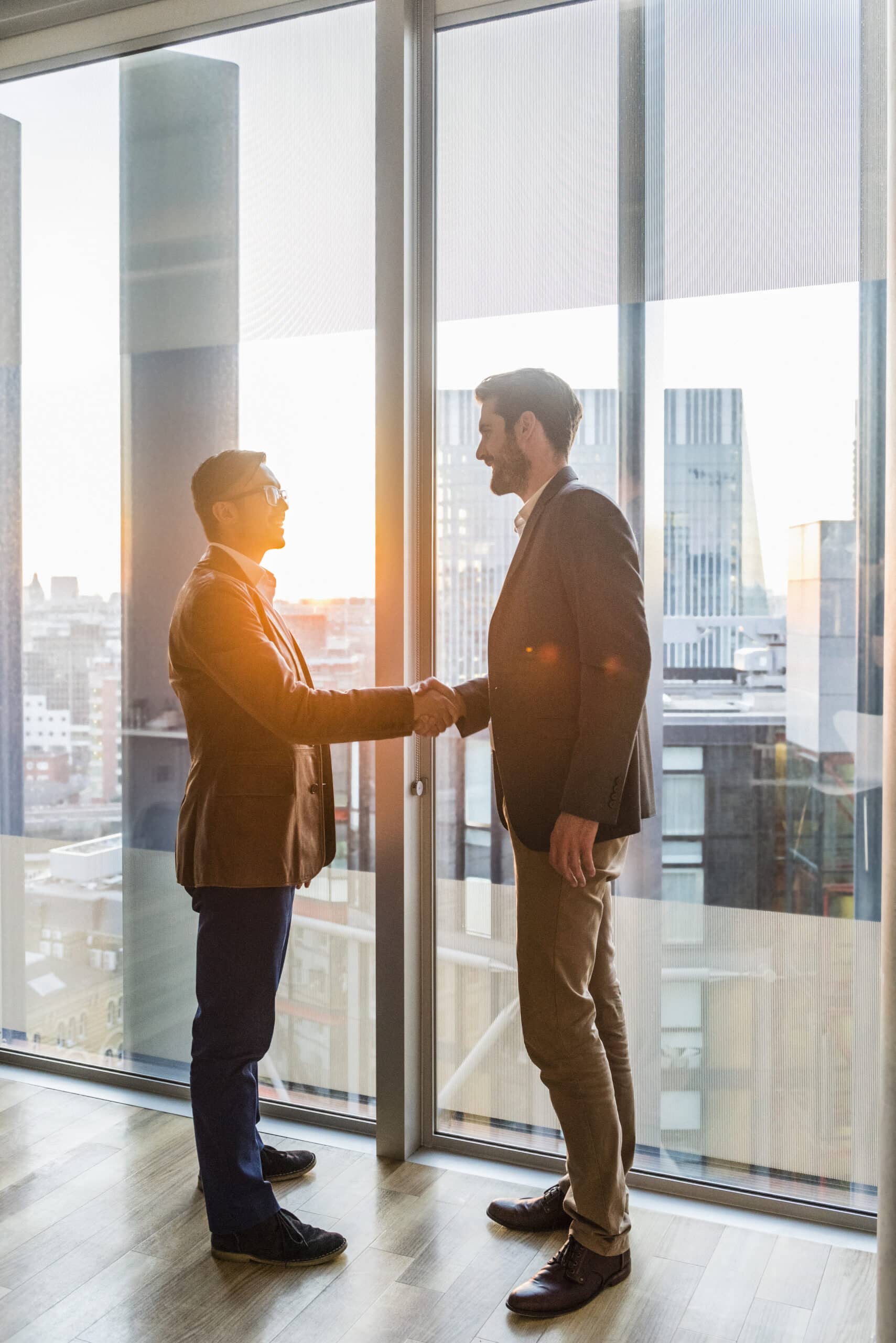 Businessmen shaking hands by modern office window