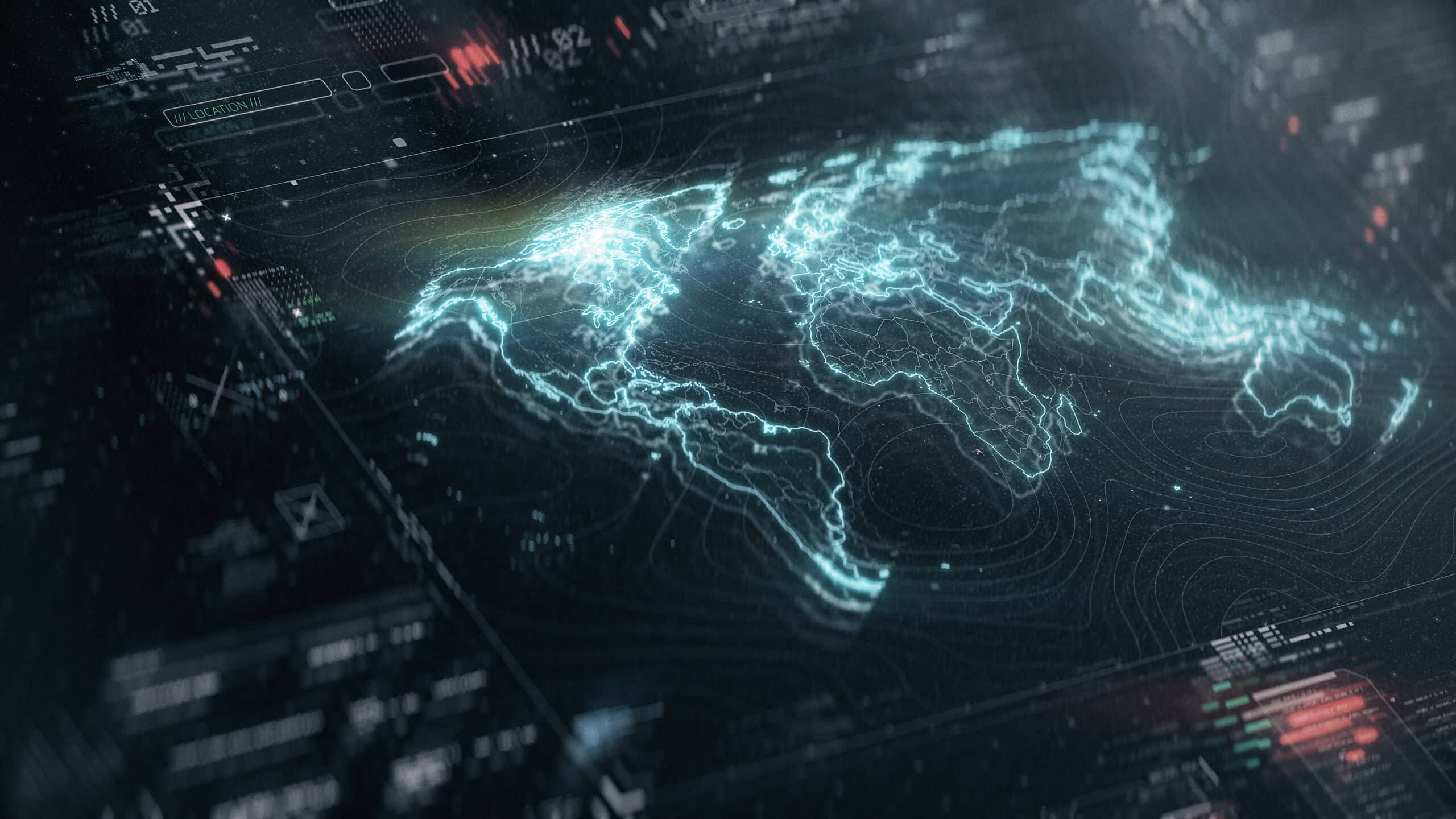 Futuristic digital world map with glowing blue lines, perfect for Geospatial Analytics Consulting.