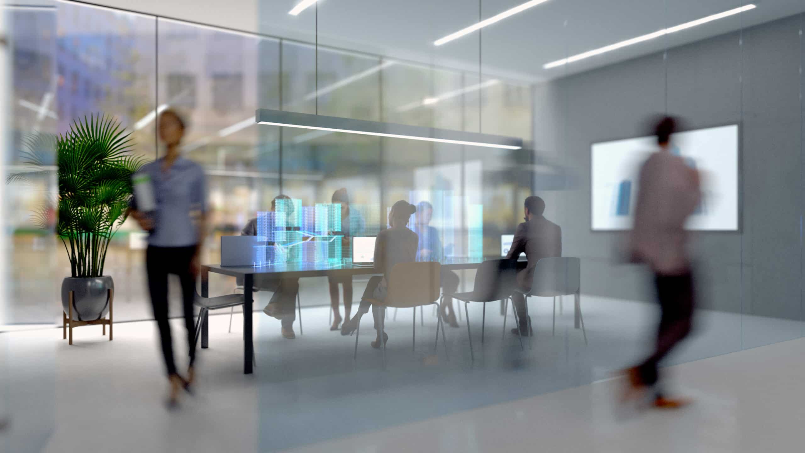 Modern glass office with IT Governance Consultants working at a table and others in motion.