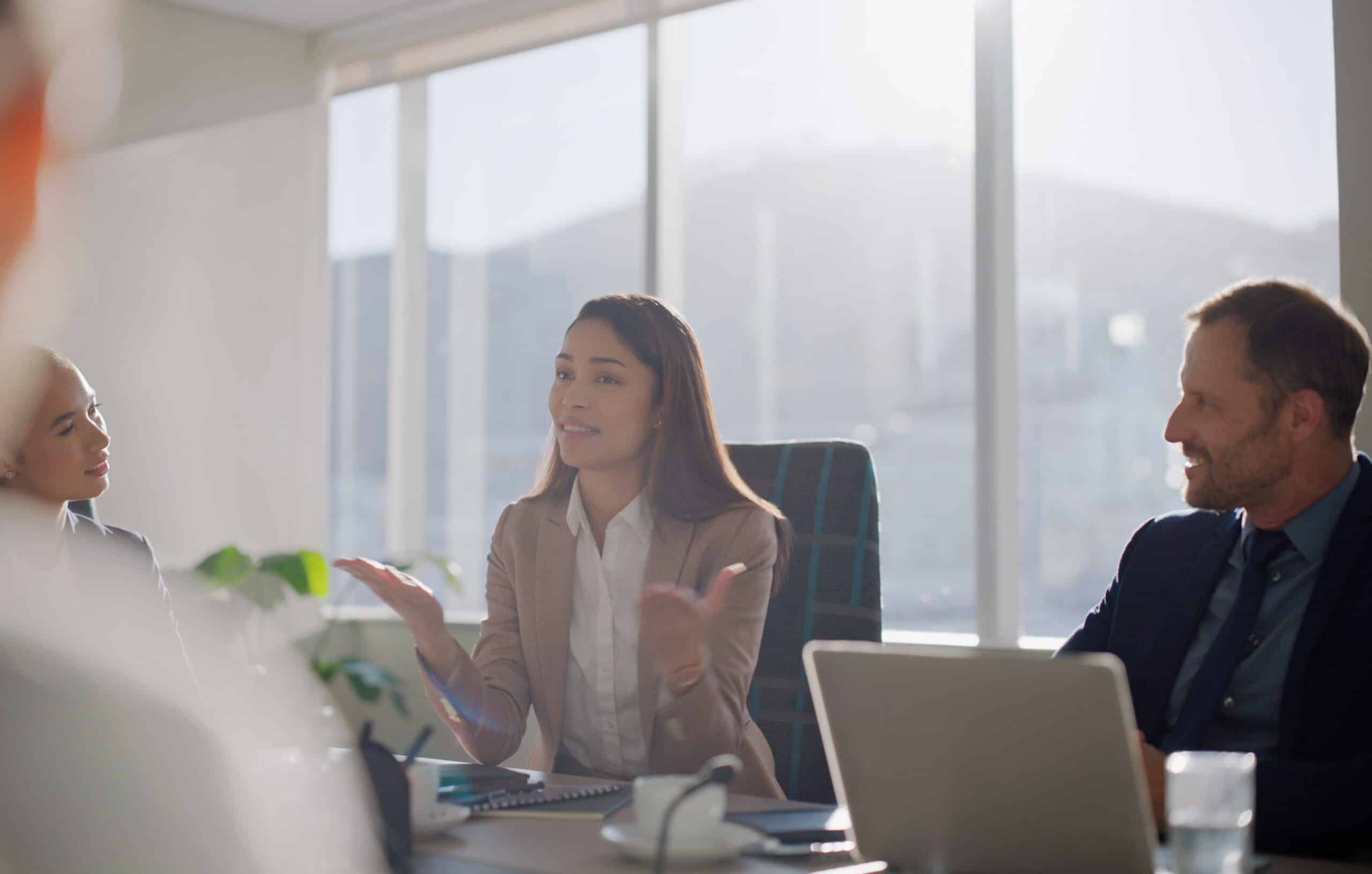 Woman speaking in a meeting with colleagues, sunlight streaming through office windows.