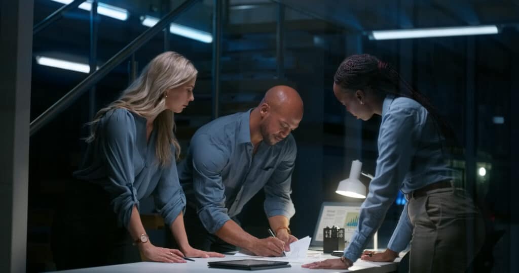 Three IT governance Consultants collaborate at a desk.