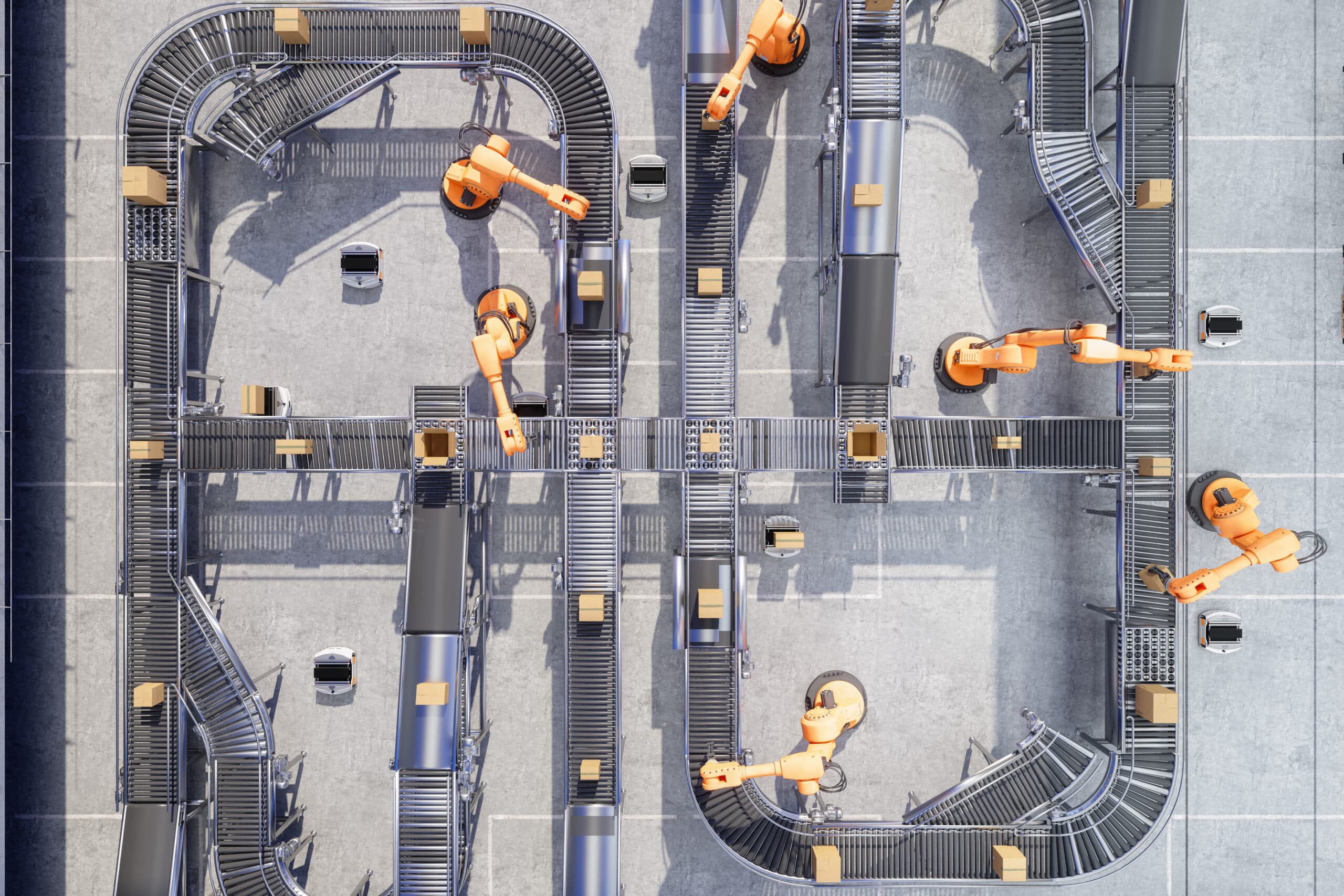 Overhead view of robotic arms sorting packages with intelligent automation on conveyor belts.