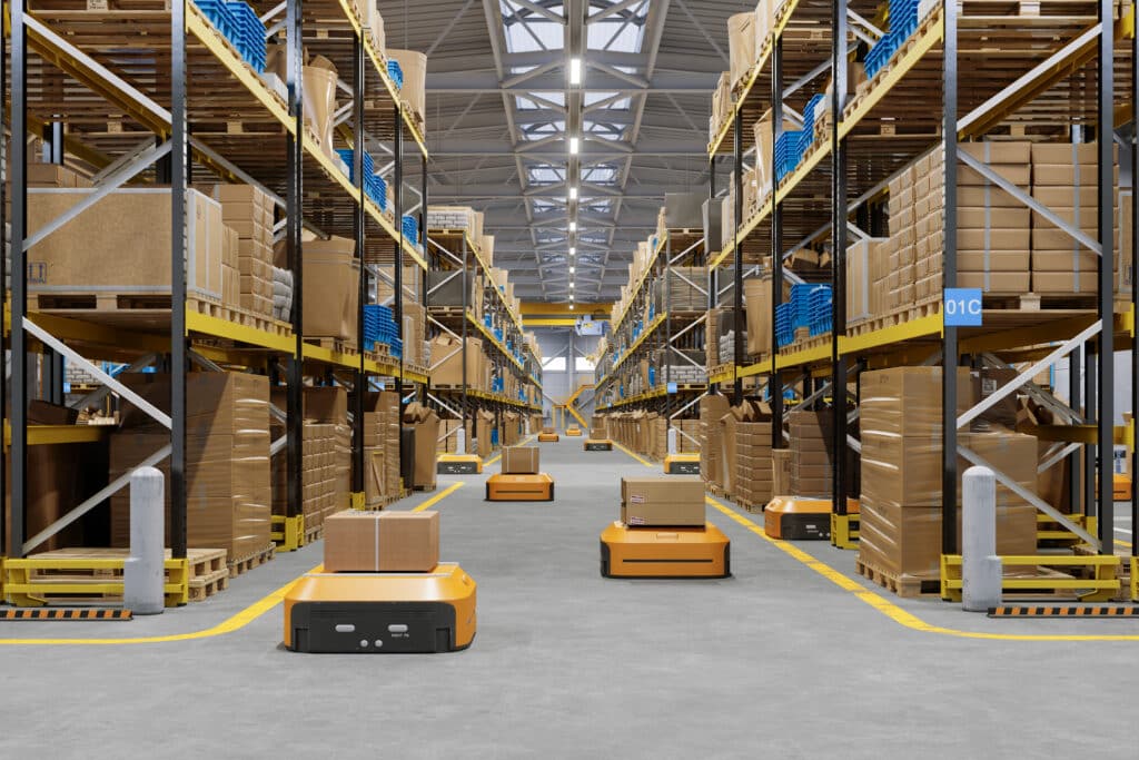 Automated Warehouse with Robots Transporting Boxes