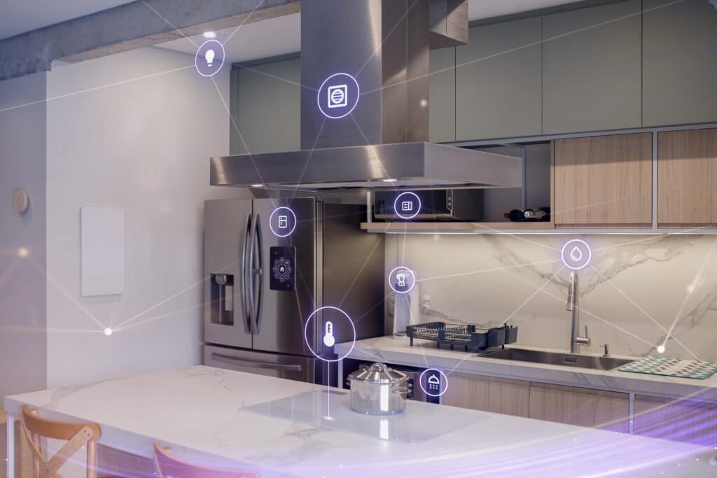 Modern kitchen with smart home technology icons and connected appliances.