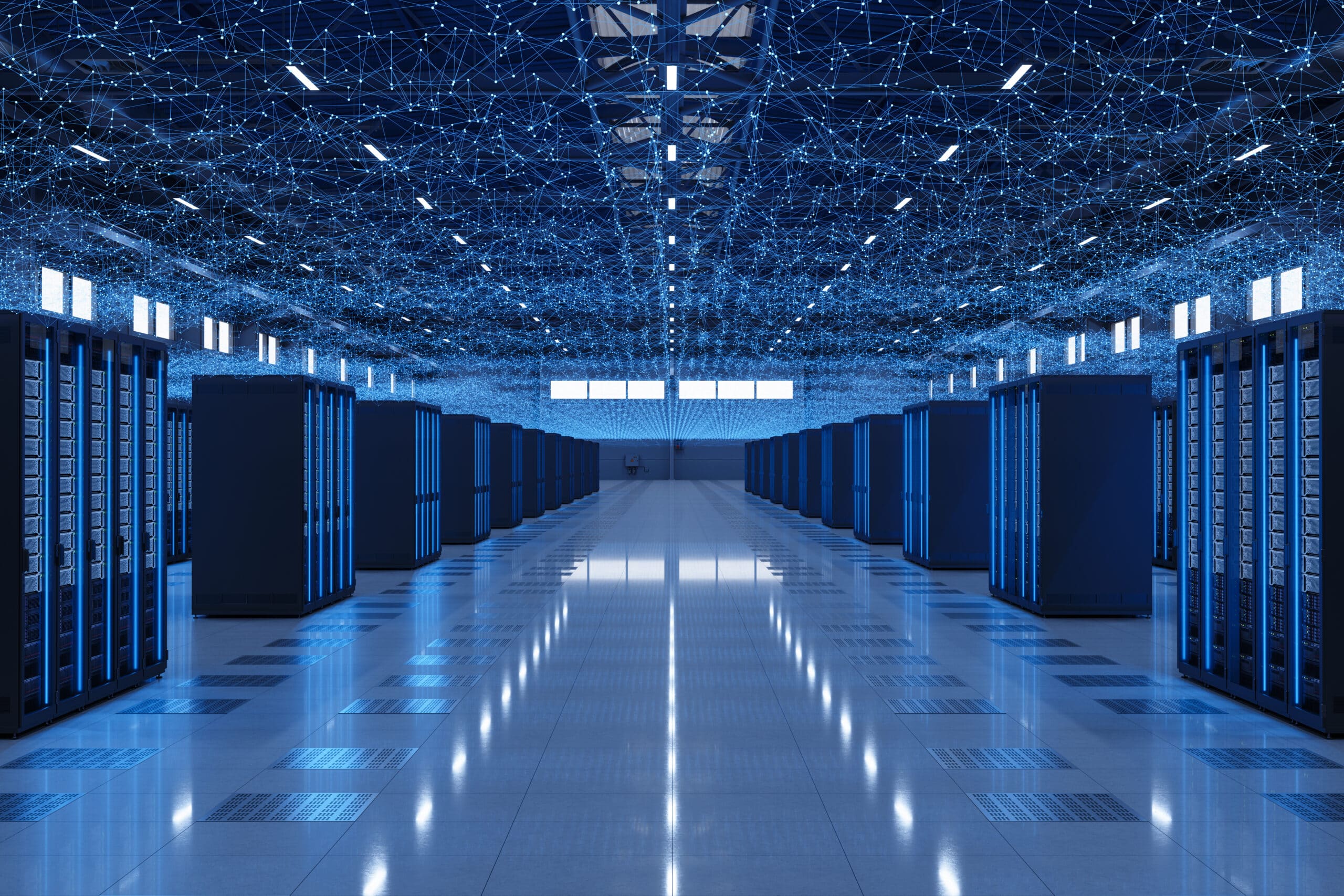 Server Racks With Plexus Lines And Connection Dots In Warehouse representing data center consulting