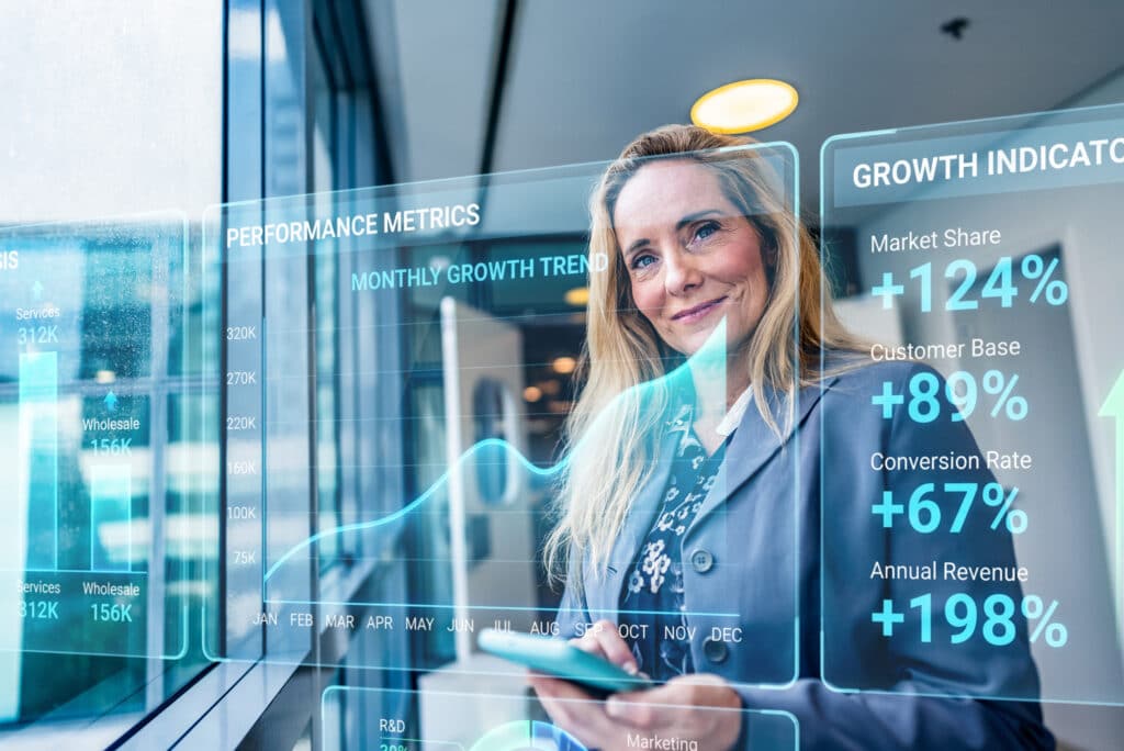 Businesswoman visualizing smart infos with augmented reality technology concept representing data strategy consulting