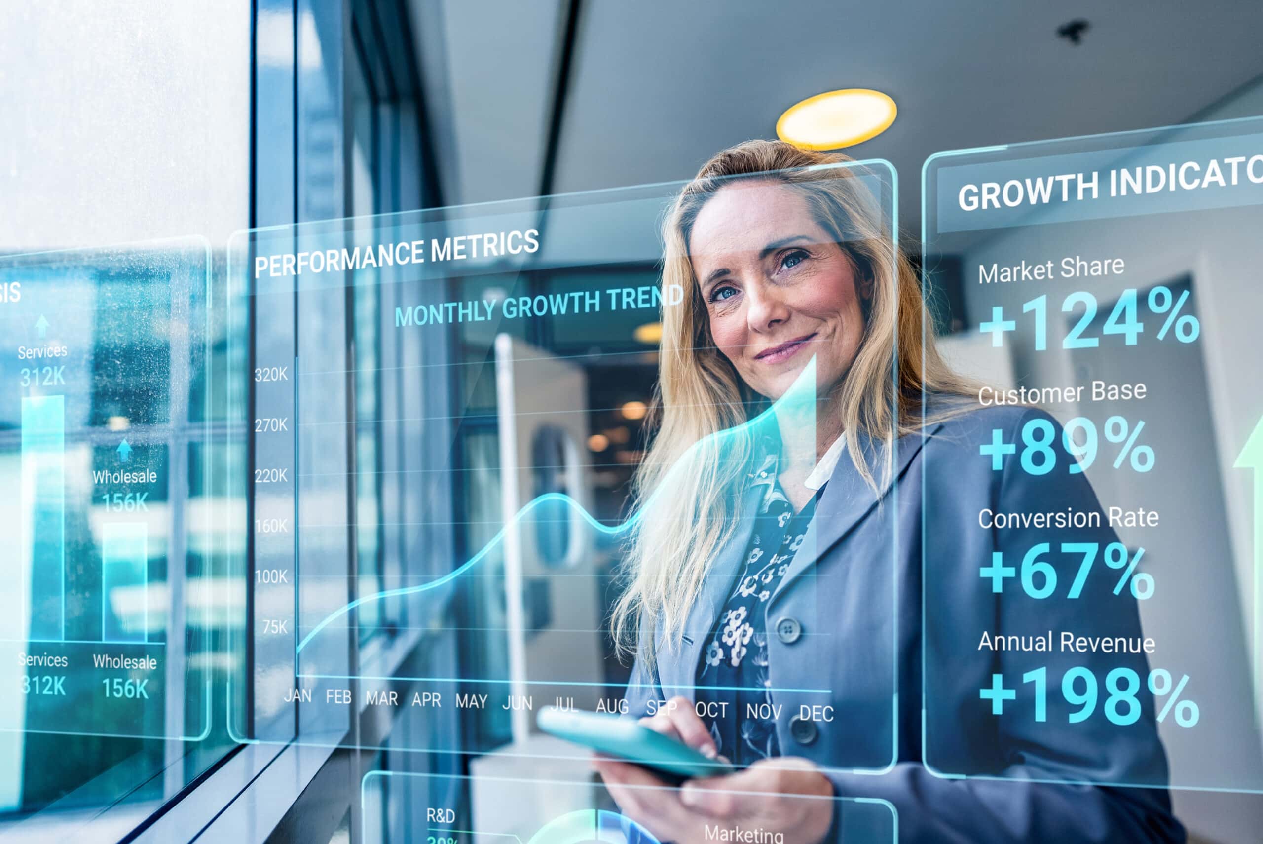 Businesswoman visualizing smart infos with augmented reality technology concept representing data strategy consulting