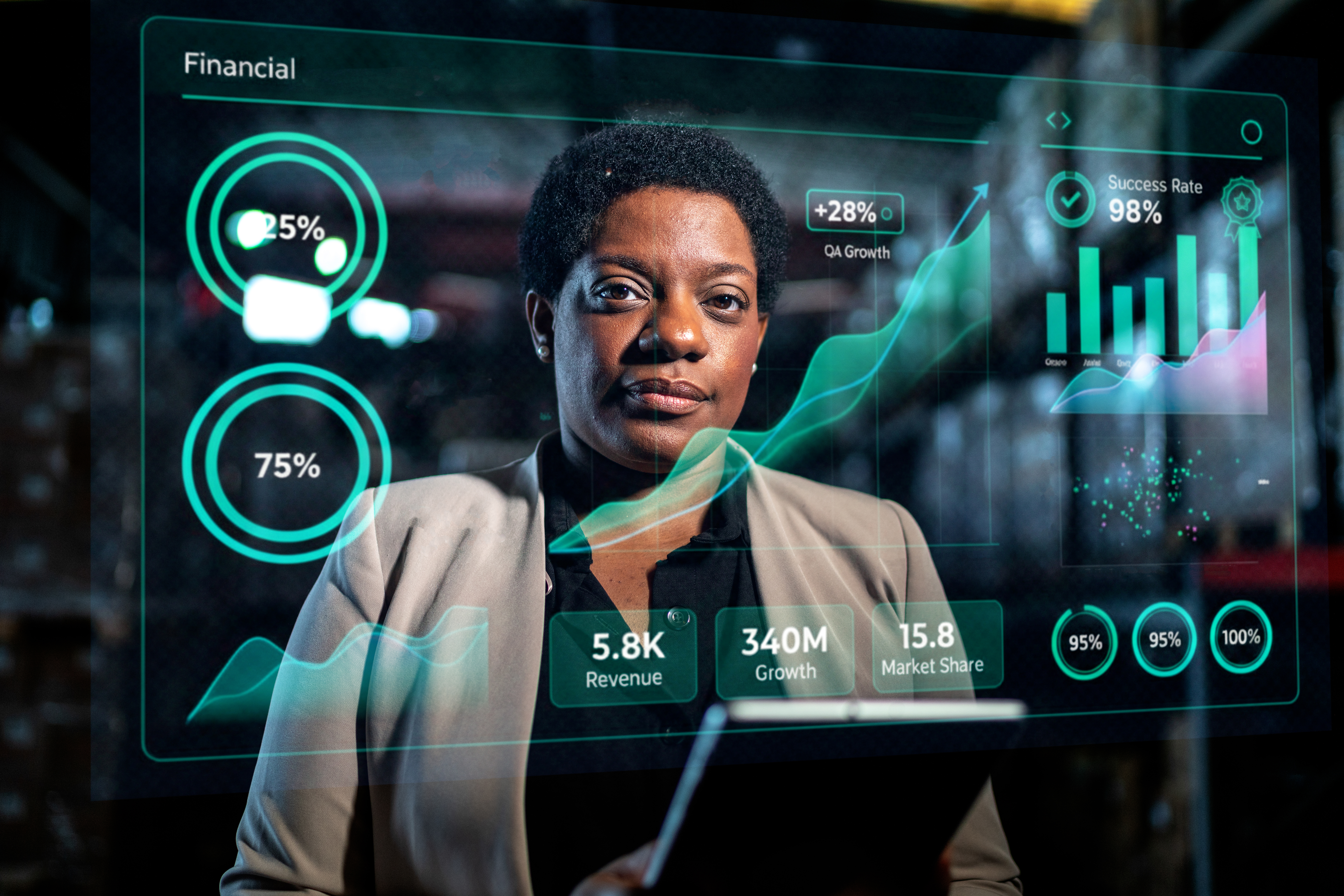 Warehouse worker visualizing smart infos representing digital product consulting
