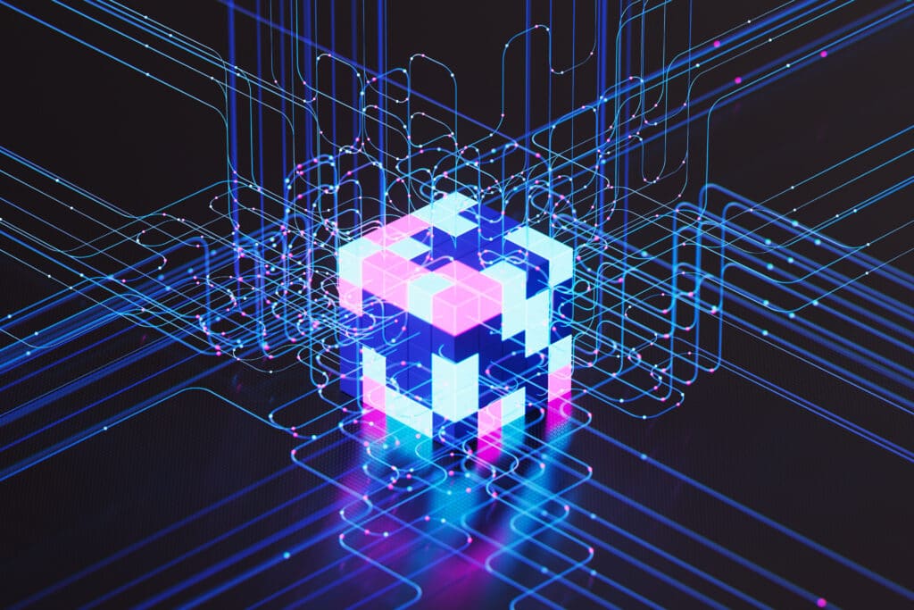 A glowing digital cube with blue and pink lights, symbolizing enterprise software consulting.
