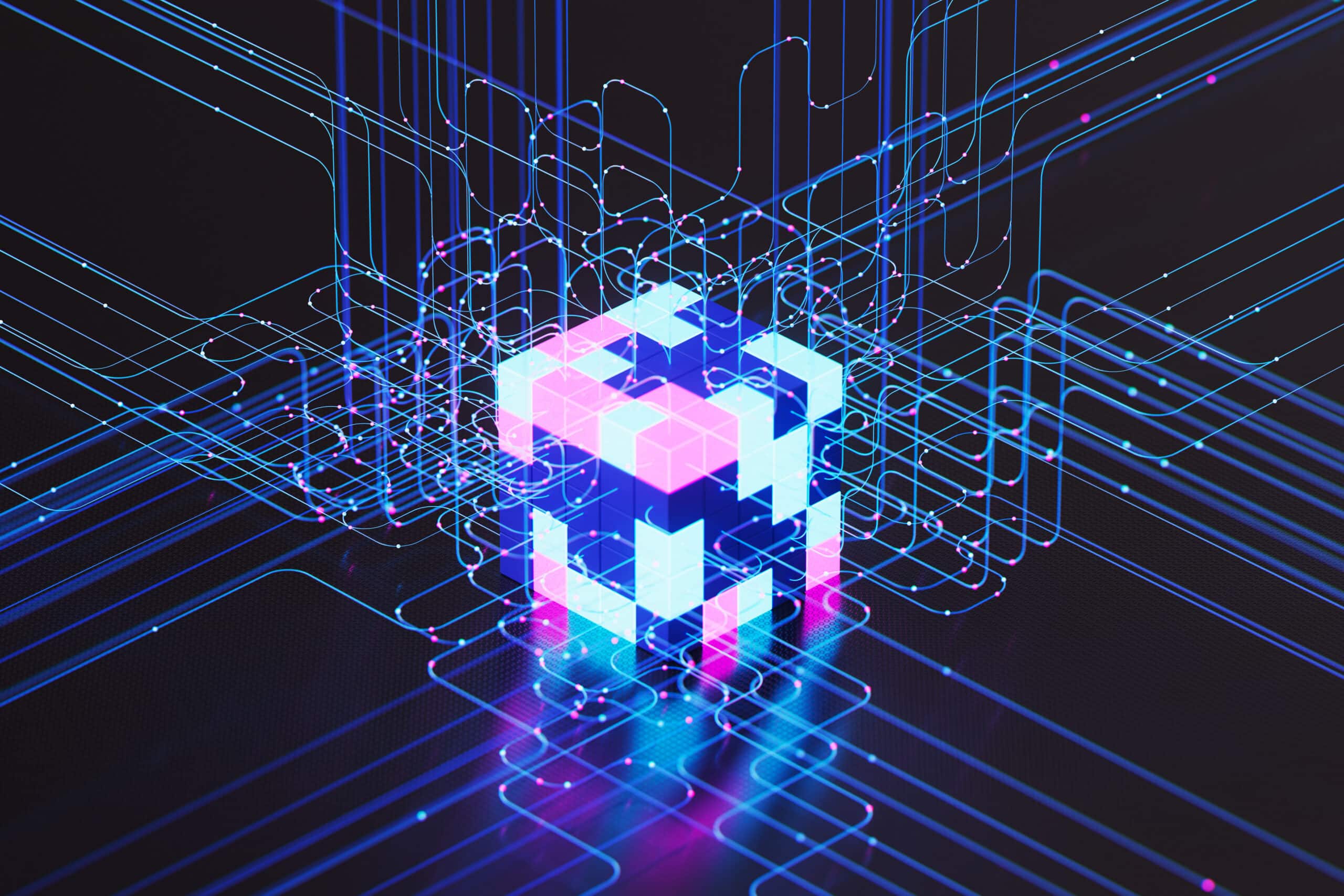 A glowing digital cube with blue and pink lights, symbolizing enterprise software consulting.