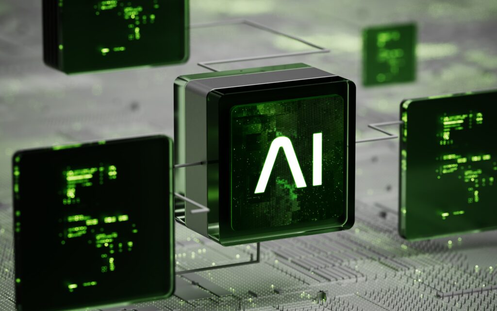 A glowing green AI chip symbolizes generative ai consulting on a digital circuit board.