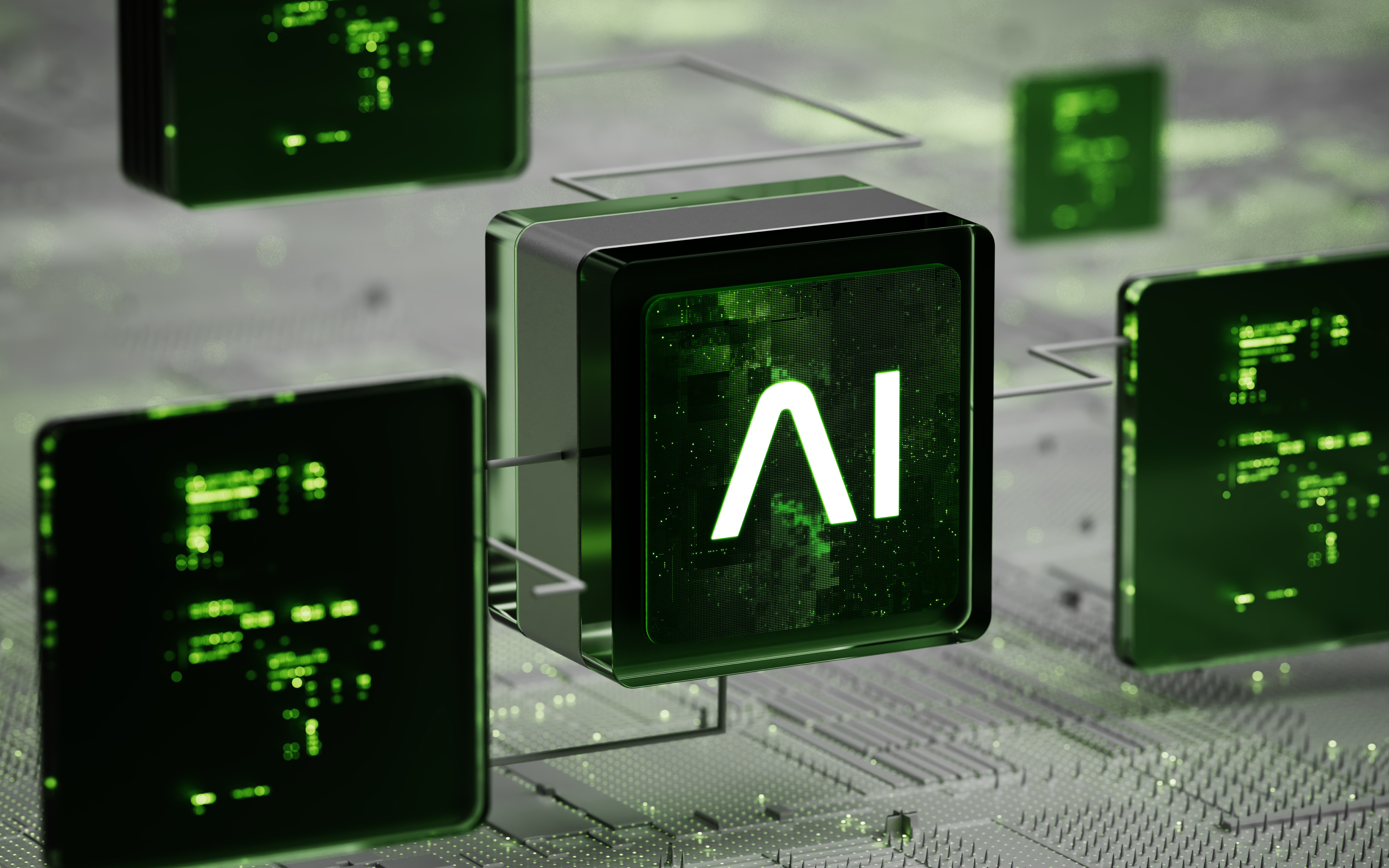 A glowing green AI chip symbolizes generative ai consulting on a digital circuit board.