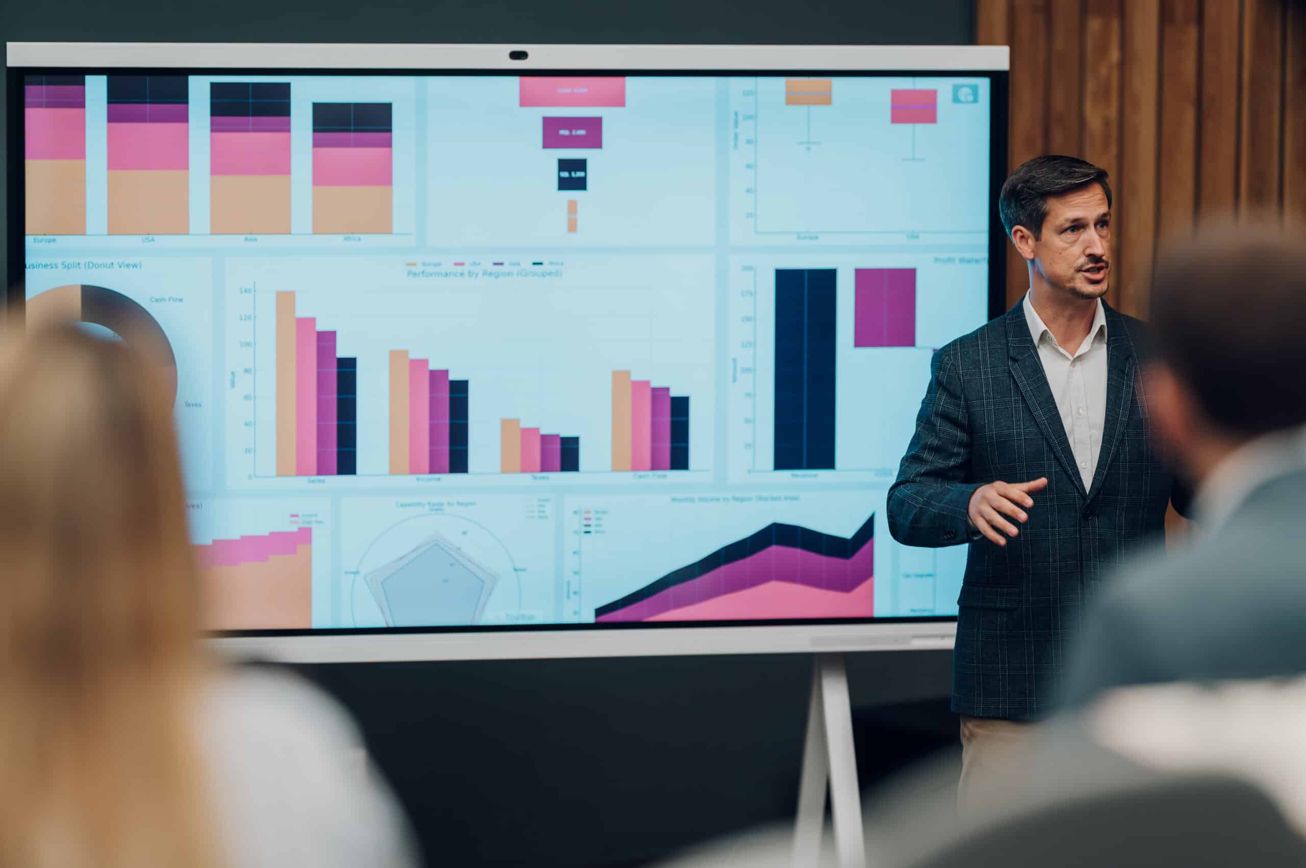 Man presenting data charts to represent go to market strategy consulting
