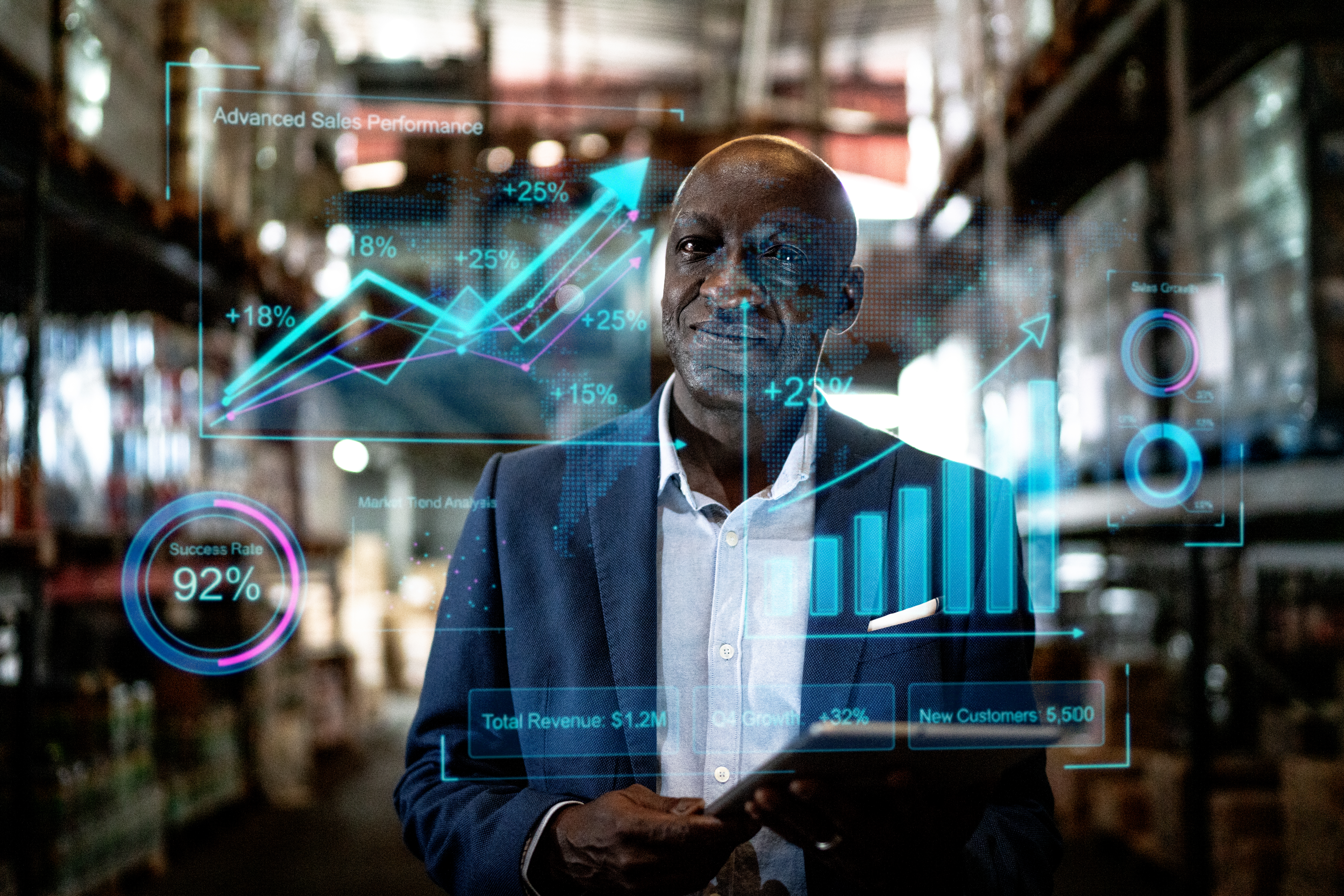 Warehouse worker visualizing smart infos representing HR technology consulting