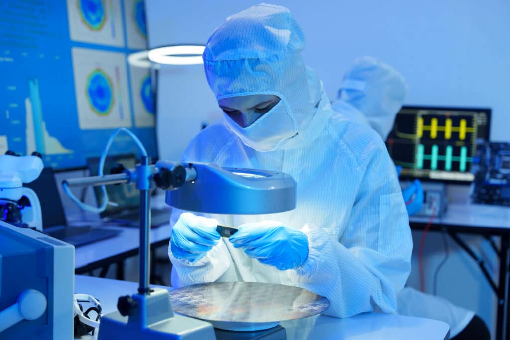 Scientist in cleanroom suit examines wafer under microscope during manufacturing operations consulting.