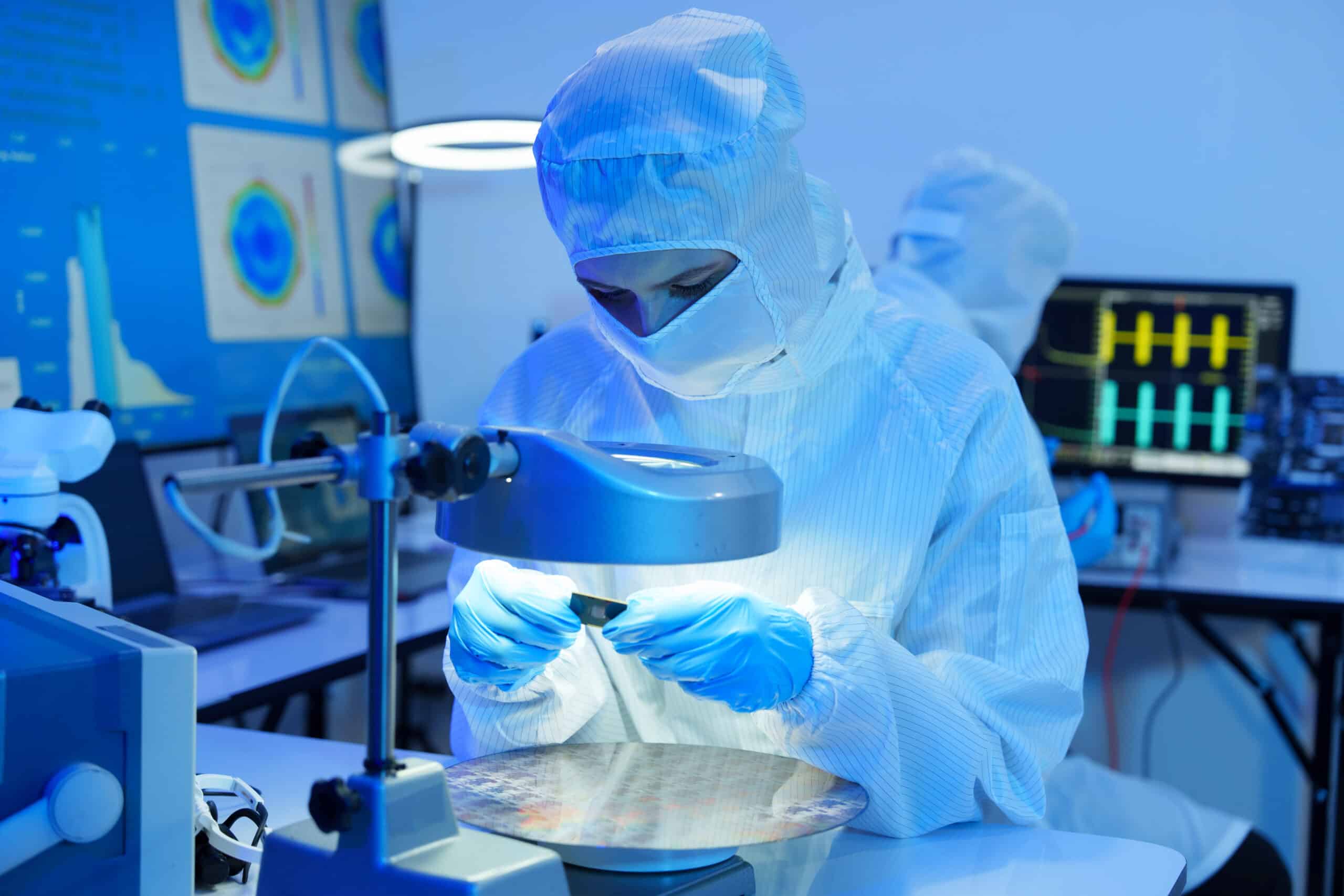 Scientist in cleanroom suit examines wafer under microscope during manufacturing operations consulting.