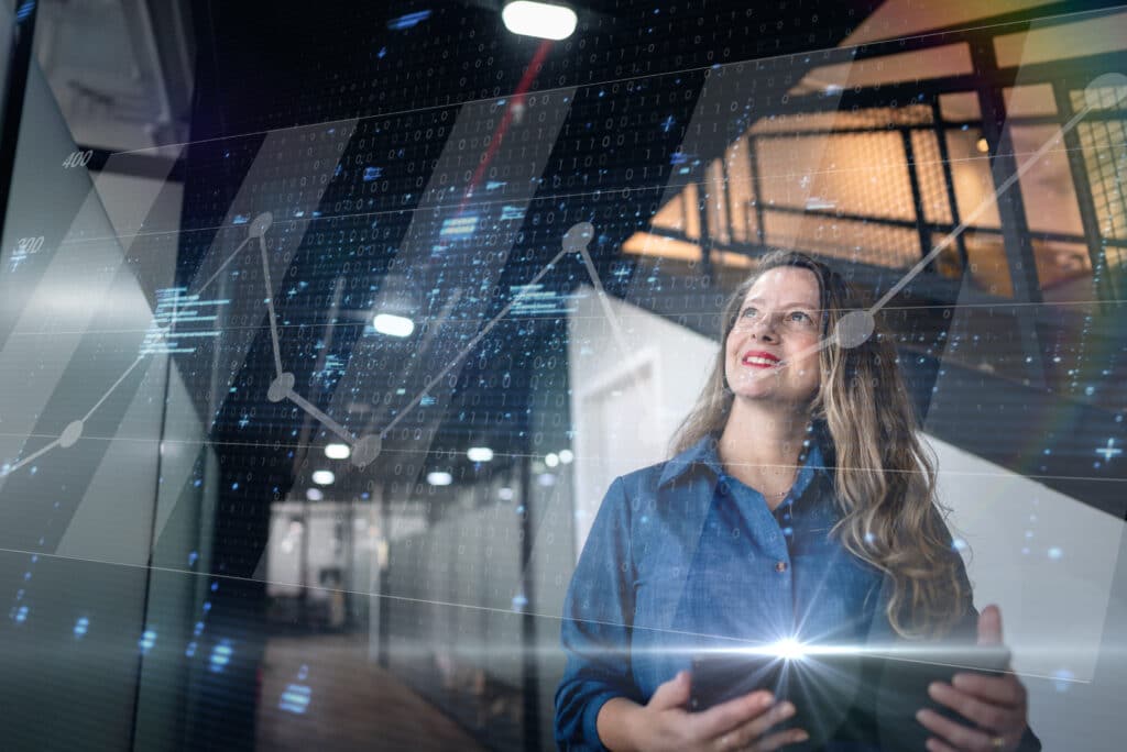 Mature businesswoman in a digital world representing master data mangement consulting