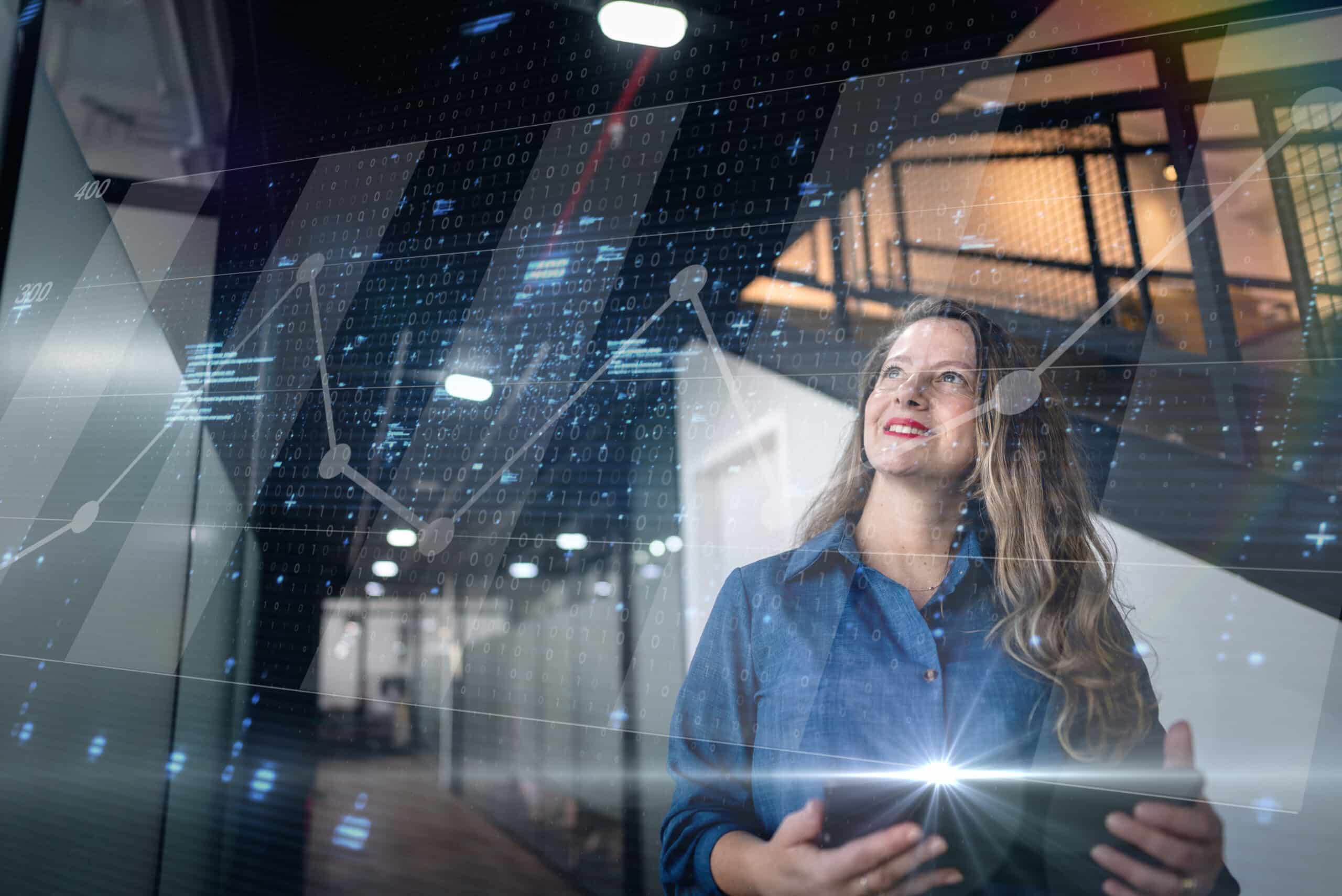 Mature businesswoman in a digital world representing master data mangement consulting