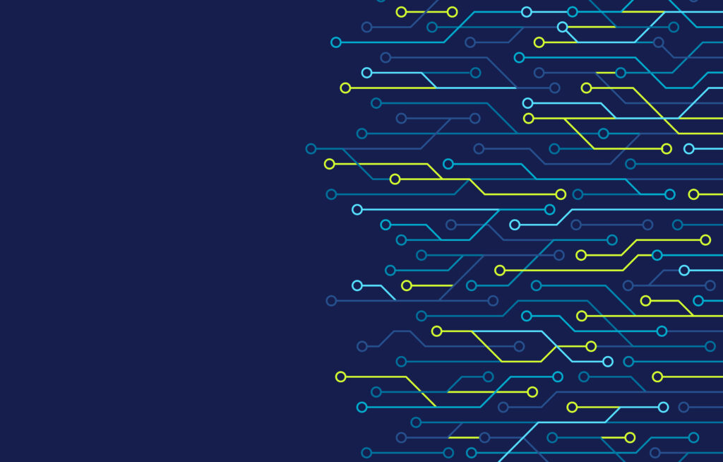 Abstract circuit lines and nodes evoke network transformation consulting on a dark blue background.