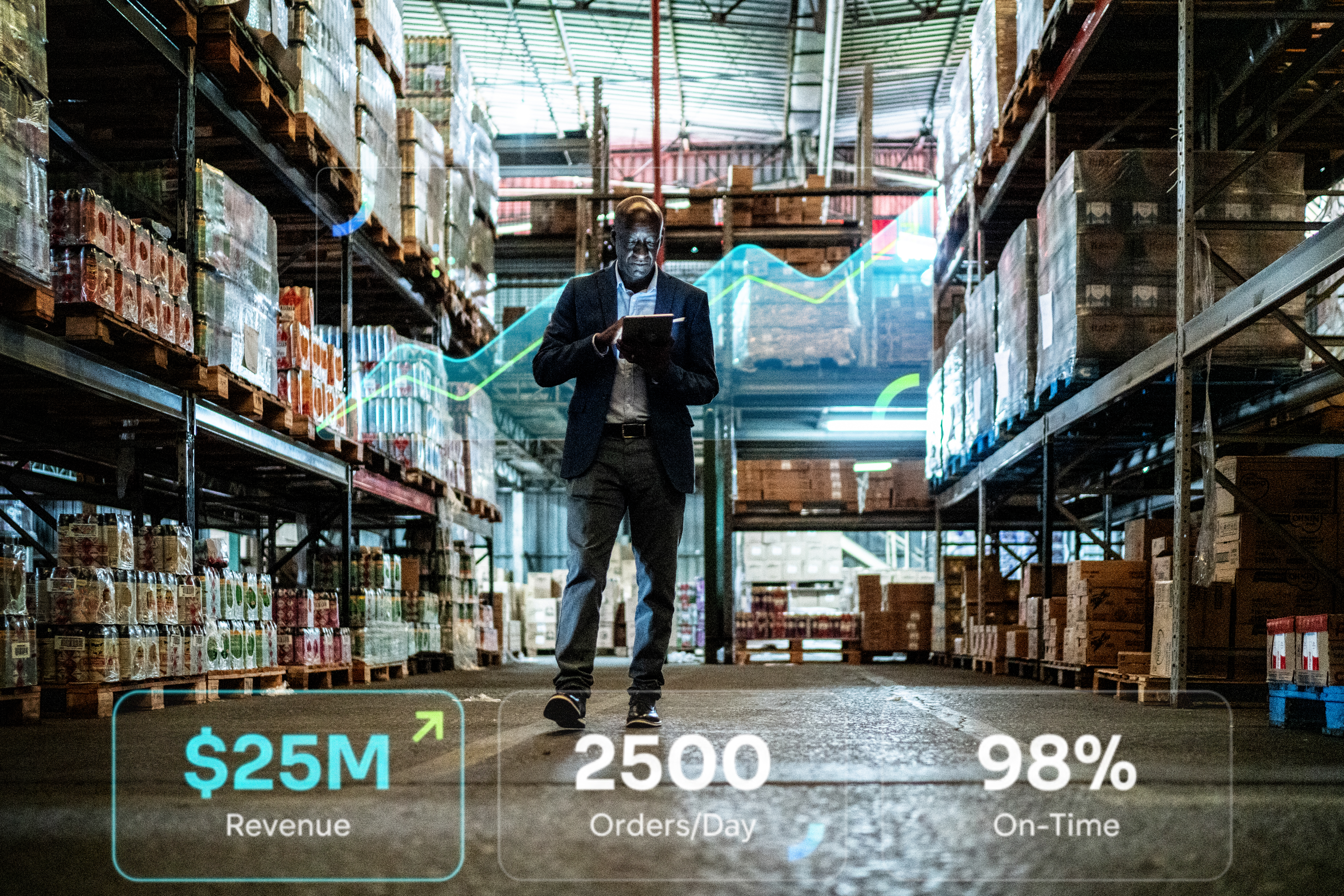 Warehouse worker visualizing smart infos representing operational execellence consulting