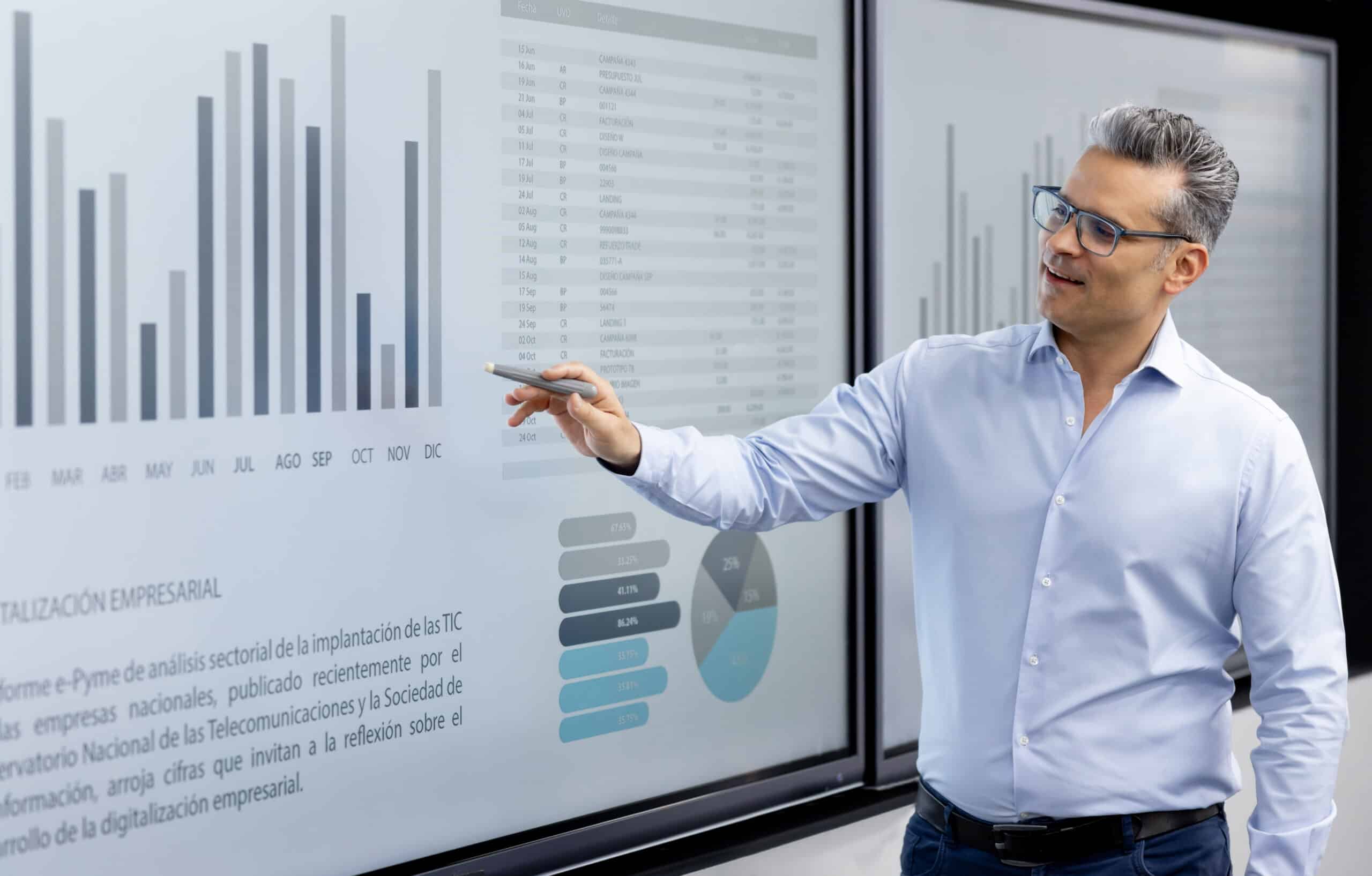 Man in glasses presenting procurement strategy consulting data with bar and pie charts.