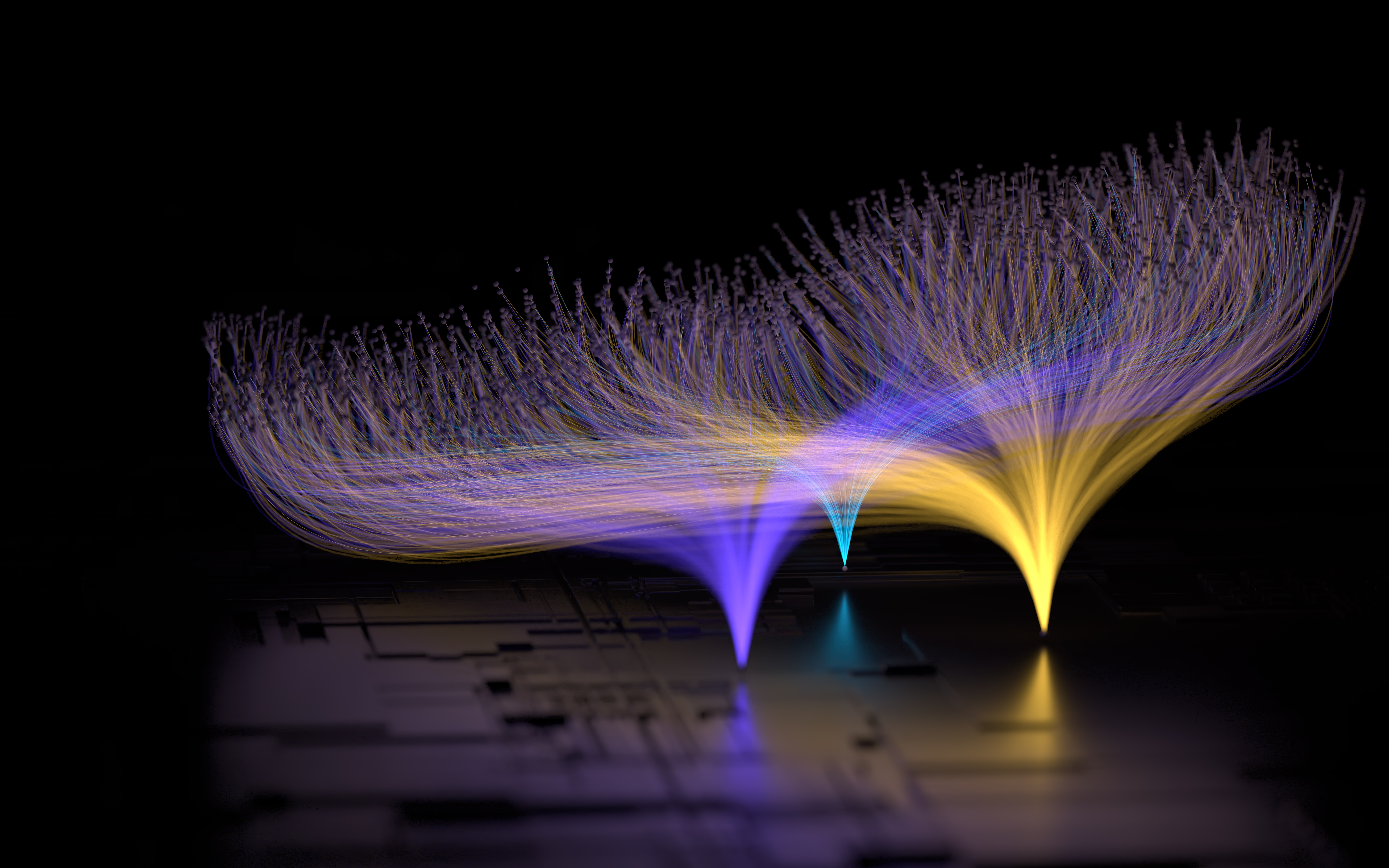 Colorful, glowing data streams flow from a dark, circuit-like surface representing responsible ai consulting