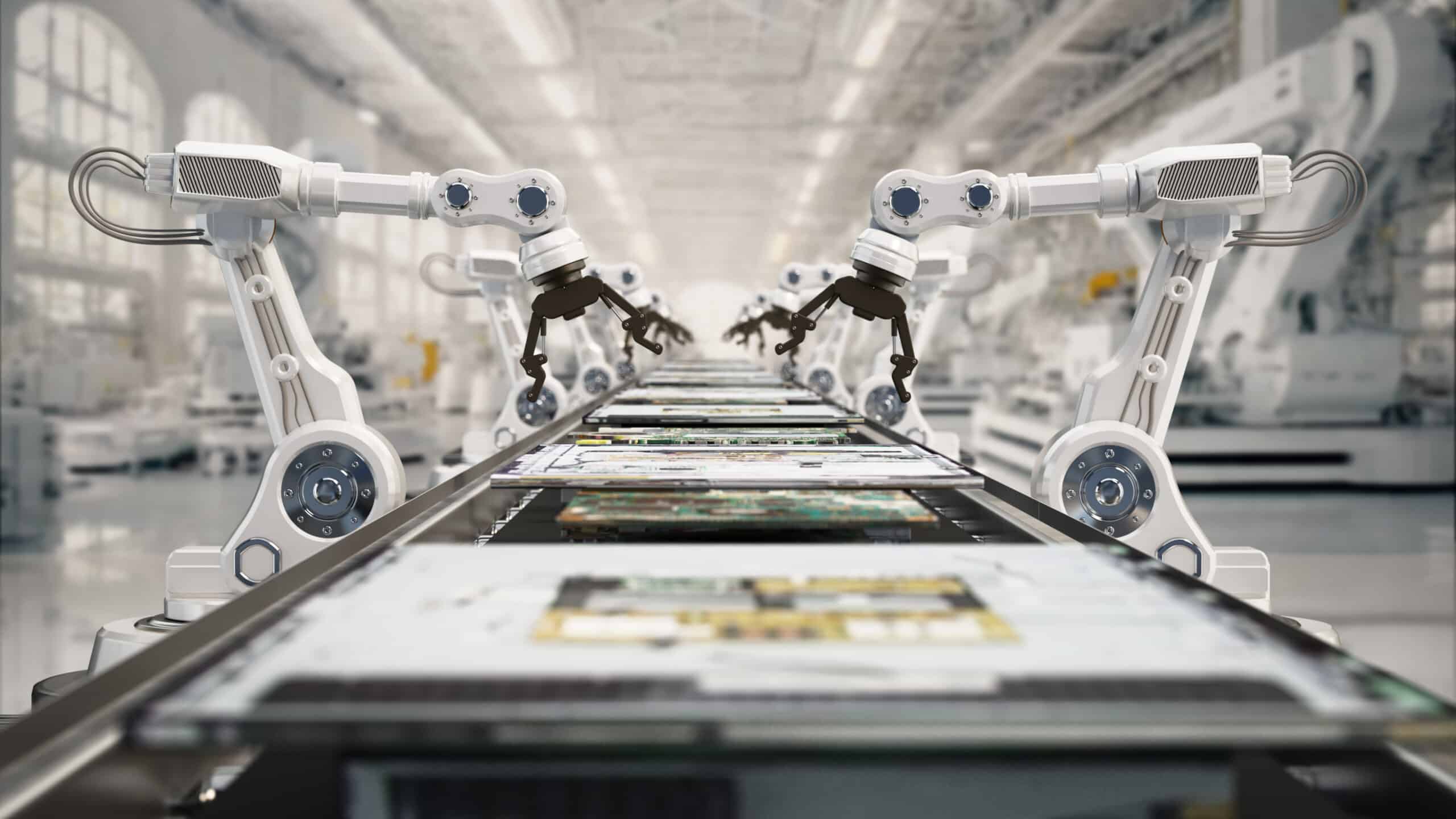 Advanced robotics operates in a high-tech assembly line representing robotics consulting