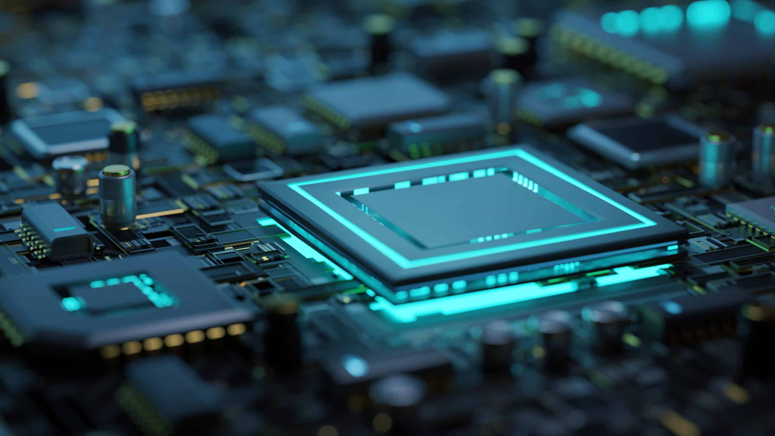 A glowing computer chip on a dark, detailed circuit board highlights semiconductor consulting.