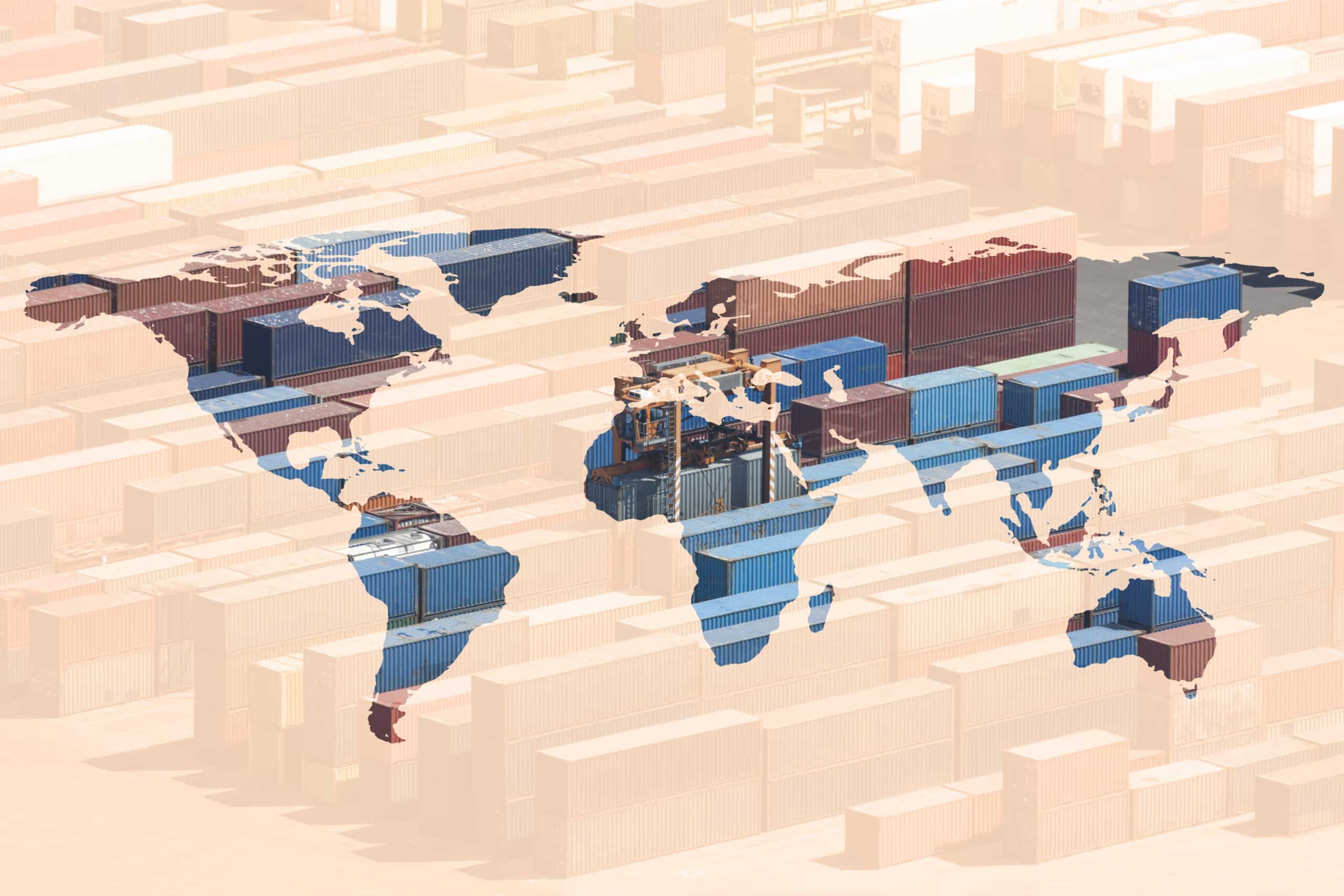 World map overlay on containers, symbolizing global trade and semiconductor supply chain resilience.
