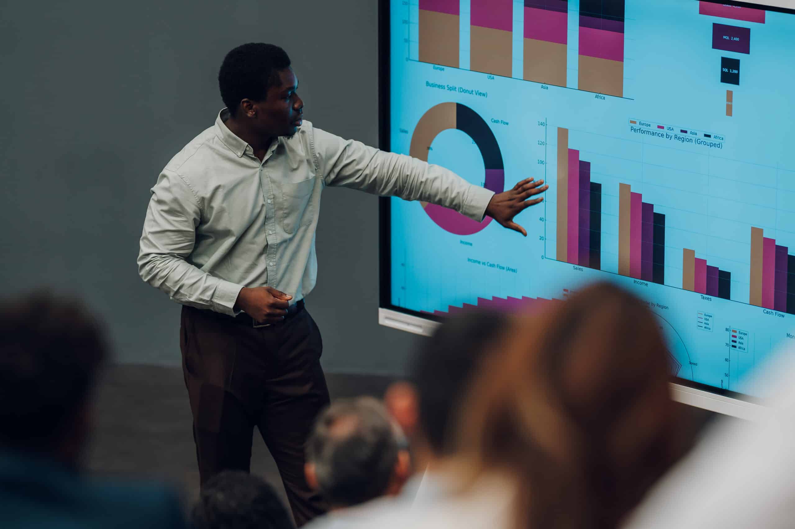 Entrepreneur presenting business data analytics representing supply chain optimization consulting