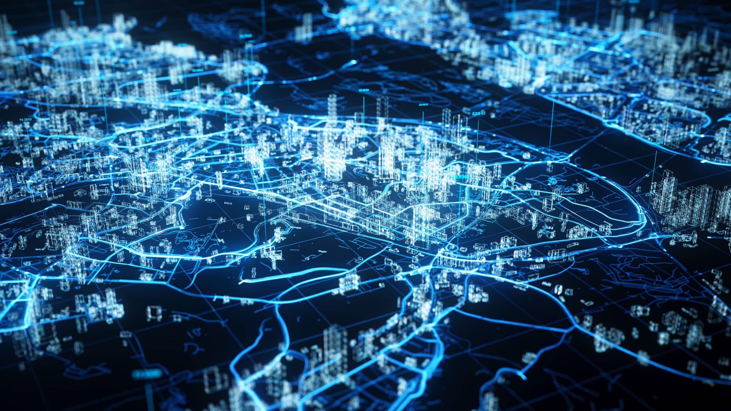 Futuristic digital map of a city, glowing blue lines highlight advanced telecom consulting.