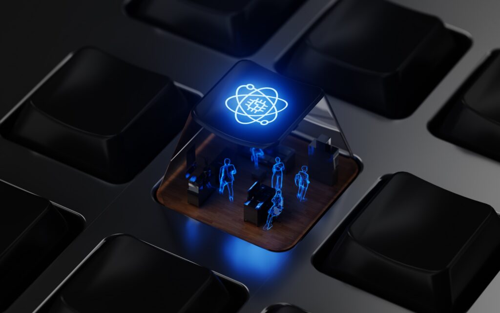 A keyboard key lifts to reveal agentic AI consulting holograms of people and desks inside.