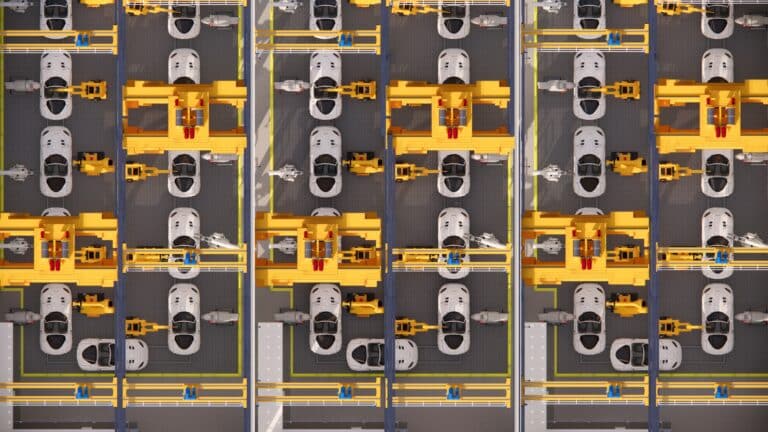 Aerial view of a car assembly line with robots and automotive consulting enhancing efficiency.